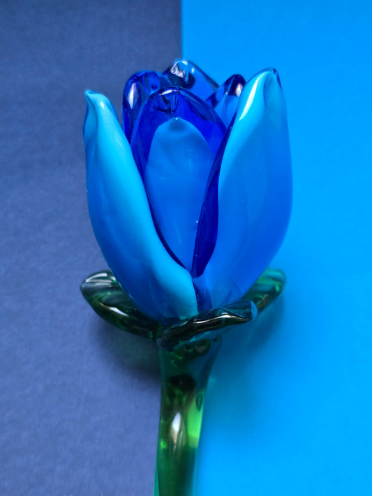Mdina Glass Blue Tulip – Mouth-Blown Art Glass Flower, 1970s Malta
