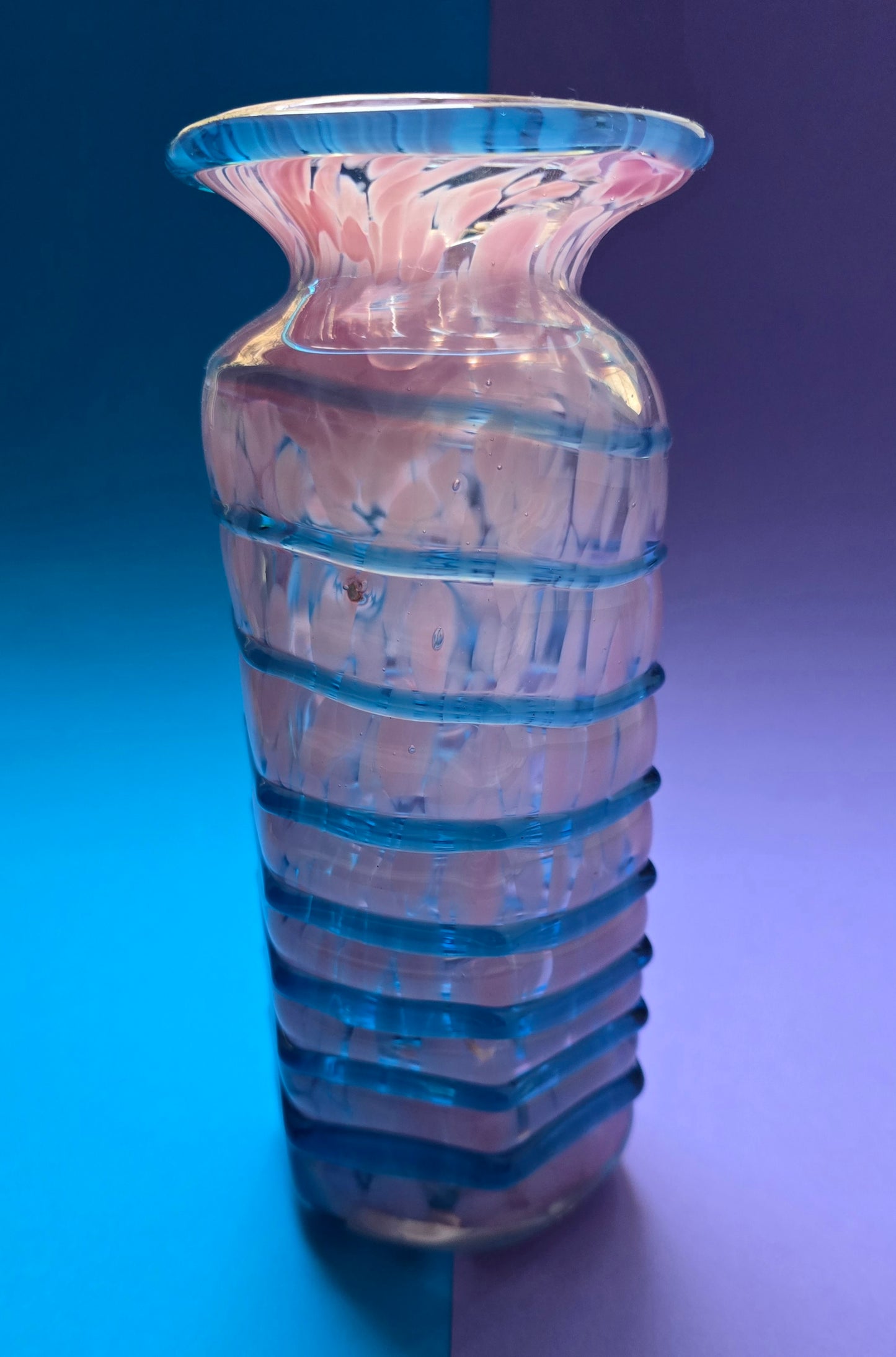 Mdina Glass Vase – Pink & Blue Marbled with Spiral Ribs, 1970s Malta