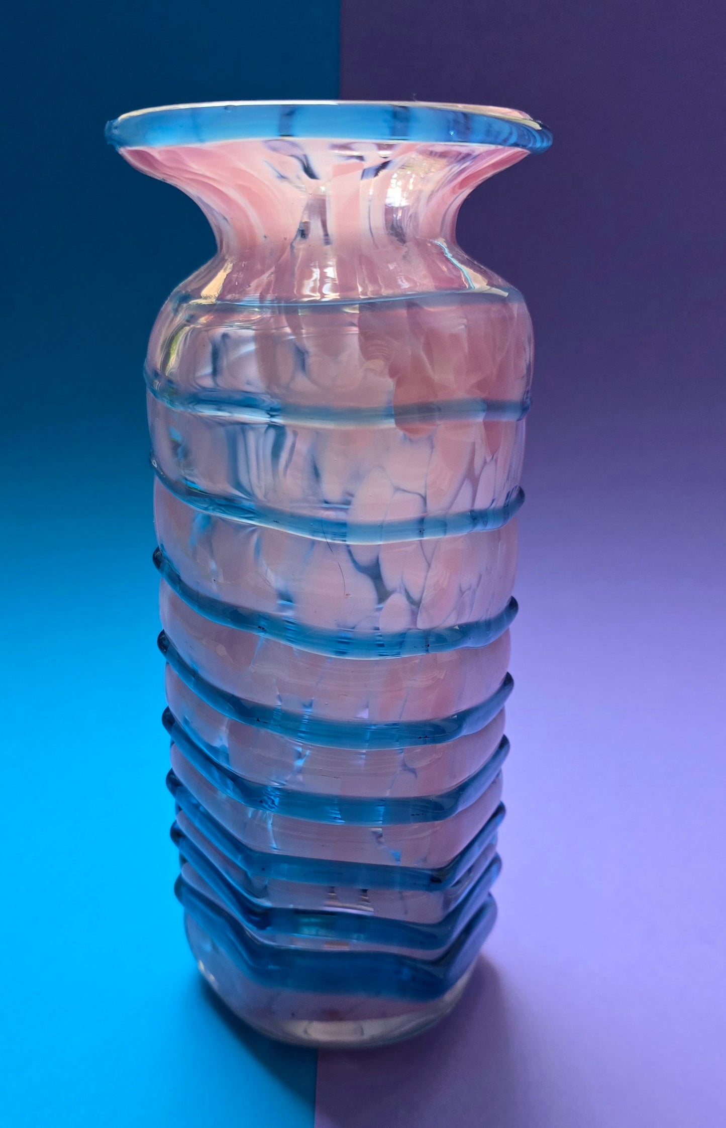 Mdina Glass Vase – Pink & Blue Marbled with Spiral Ribs, 1970s Malta