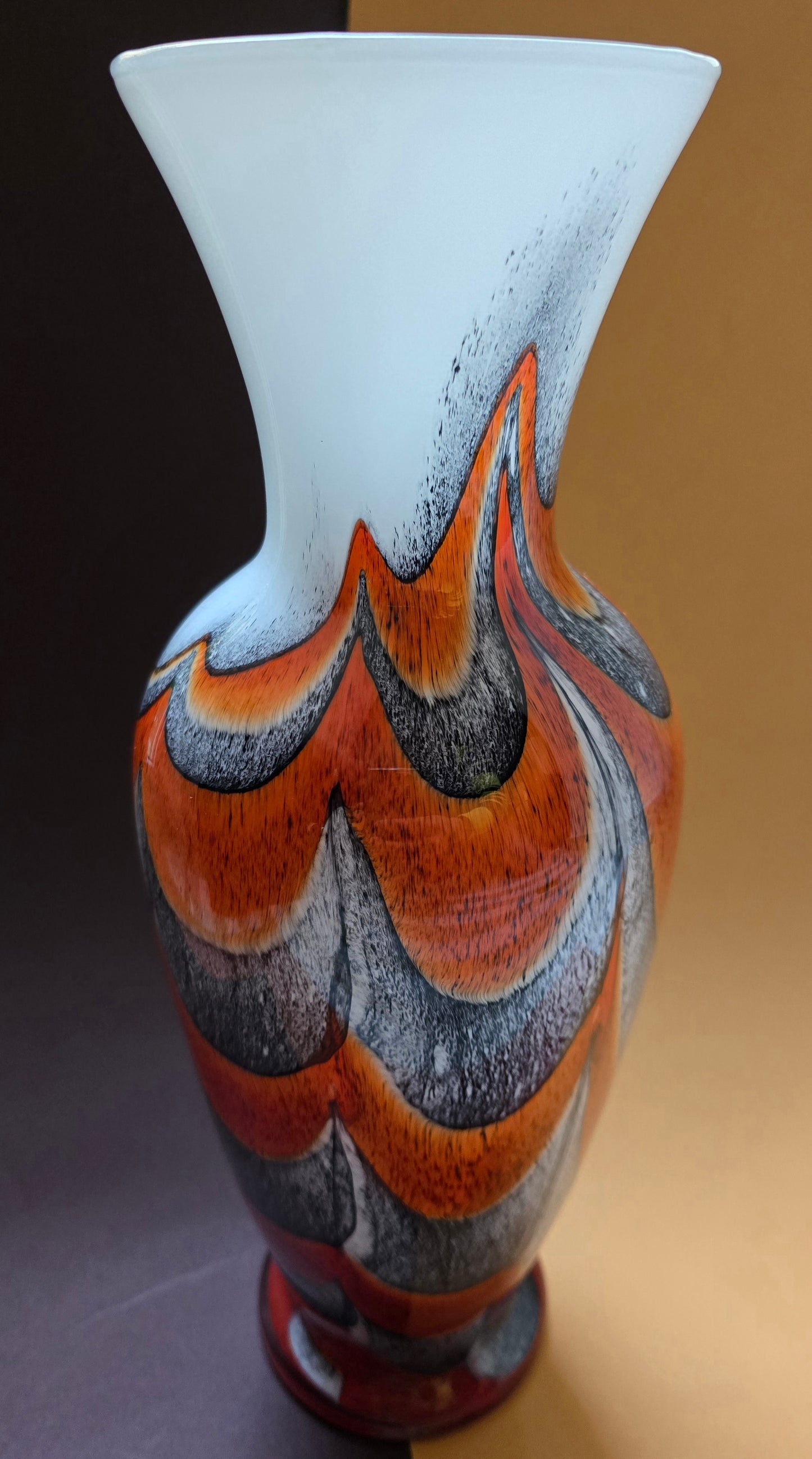 Murano Art Glass Vase – Flame & Feather Design in Orange, Grey & White, 1970s