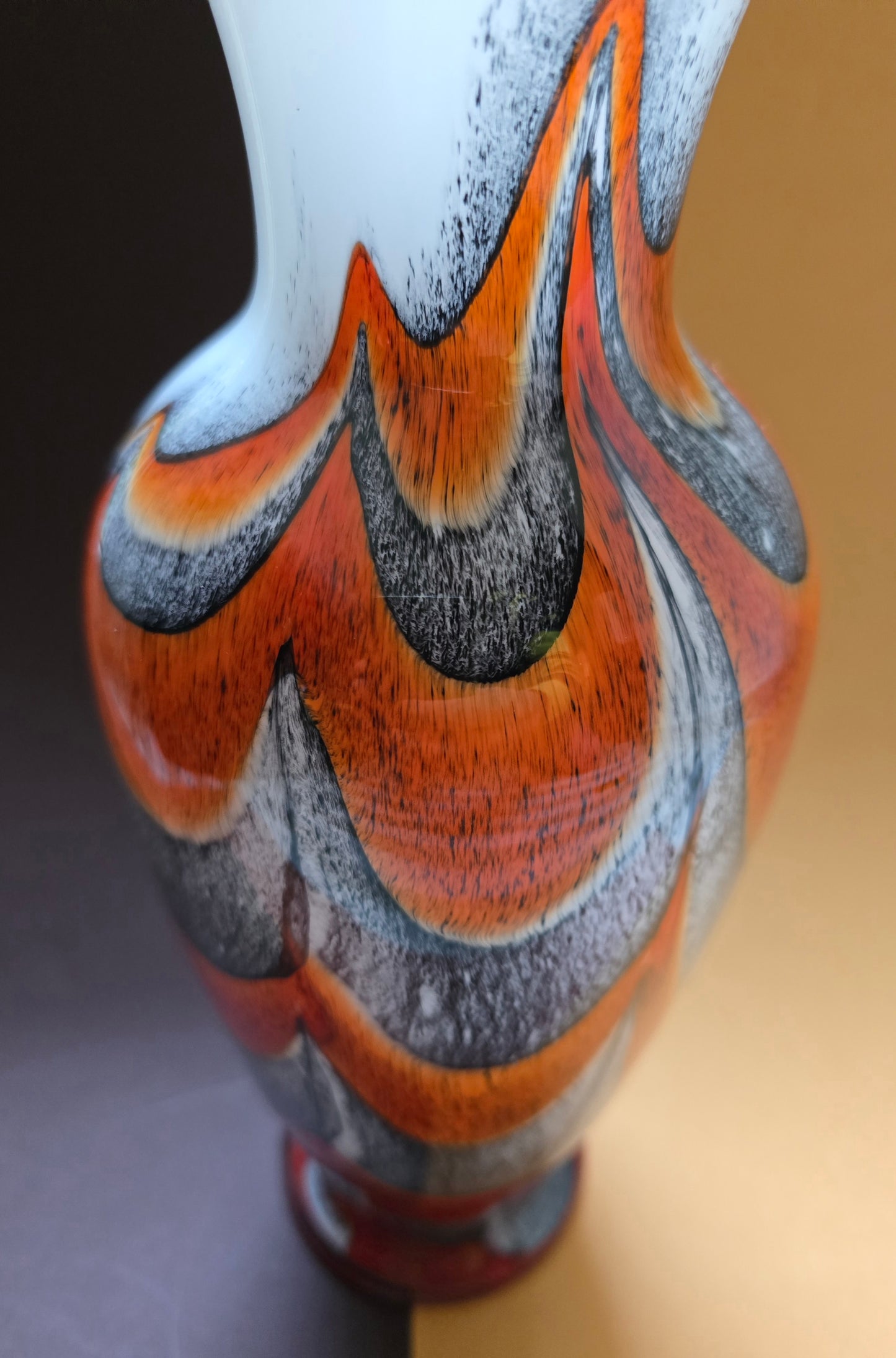 Murano Art Glass Vase – Flame & Feather Design in Orange, Grey & White, 1970s