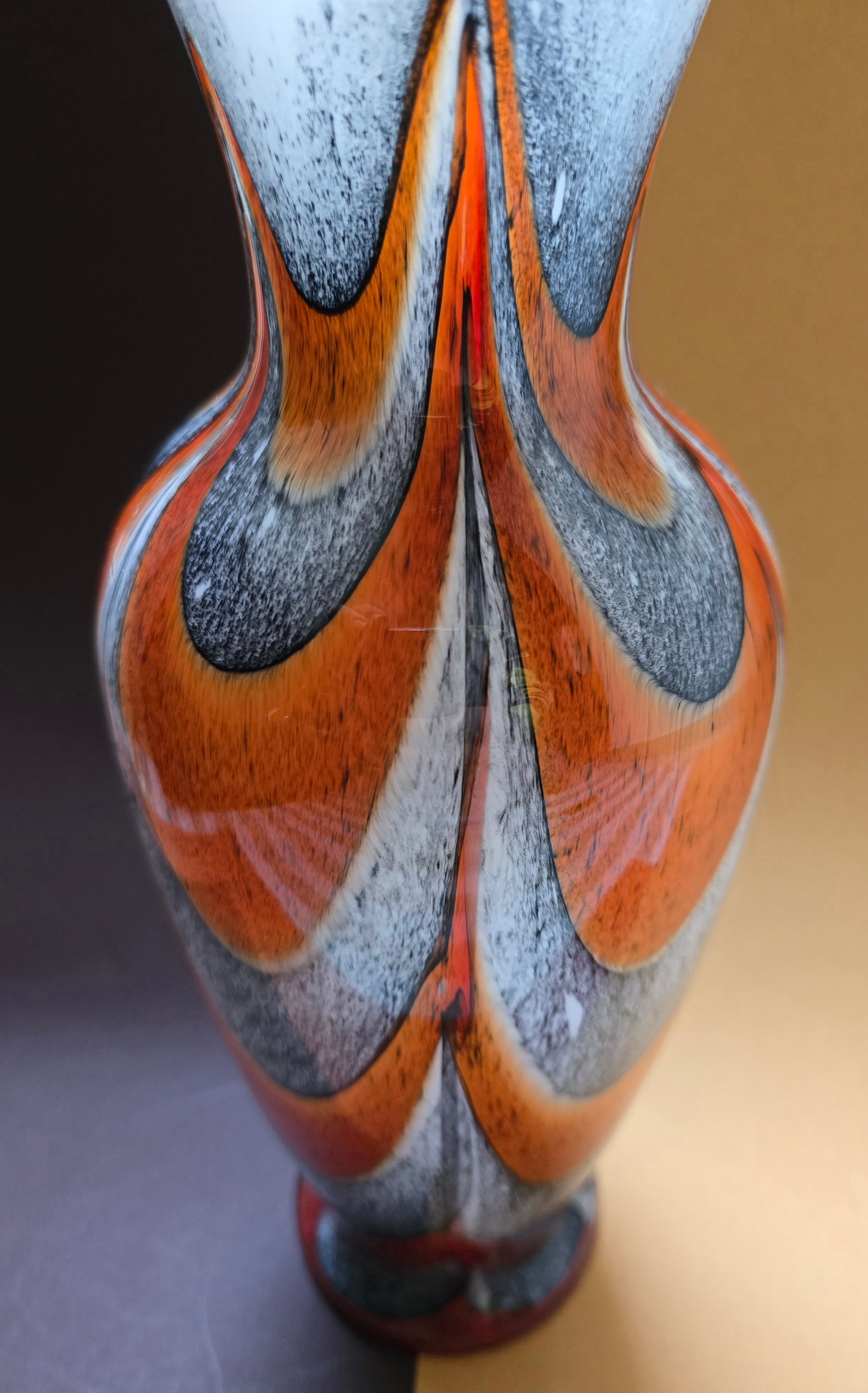 Murano Art Glass Vase – Flame & Feather Design in Orange, Grey & White, 1970s