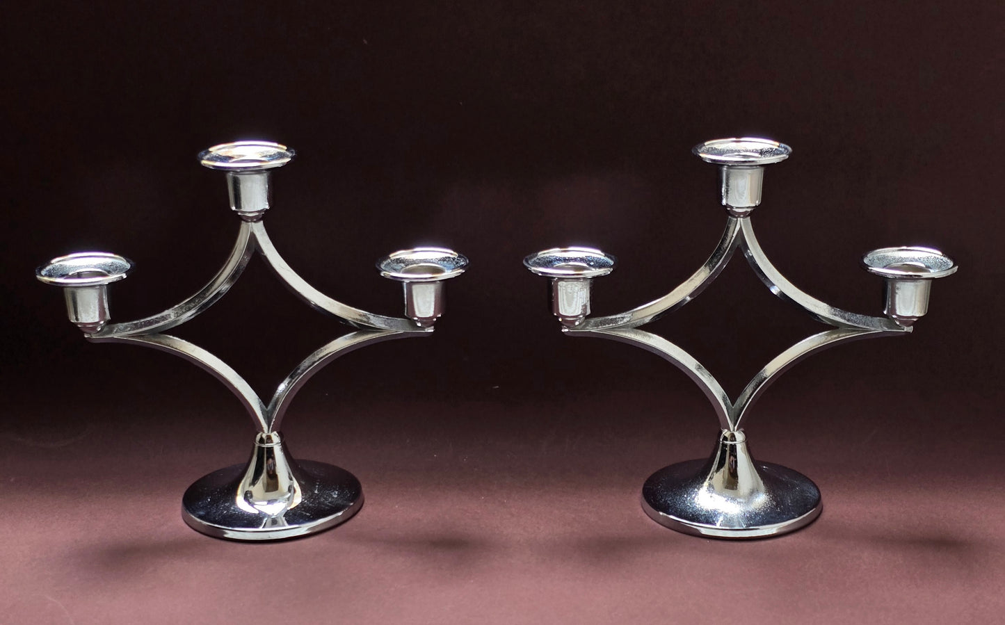 Iante of England Chrome Three-Arm Candelabra Set of Two, c.1960s