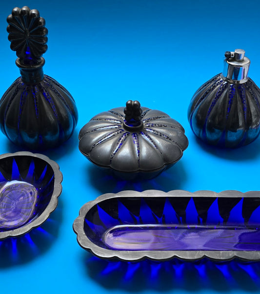 French Art Deco Cobalt Blue Glass & Silver Overlay Vanity Set