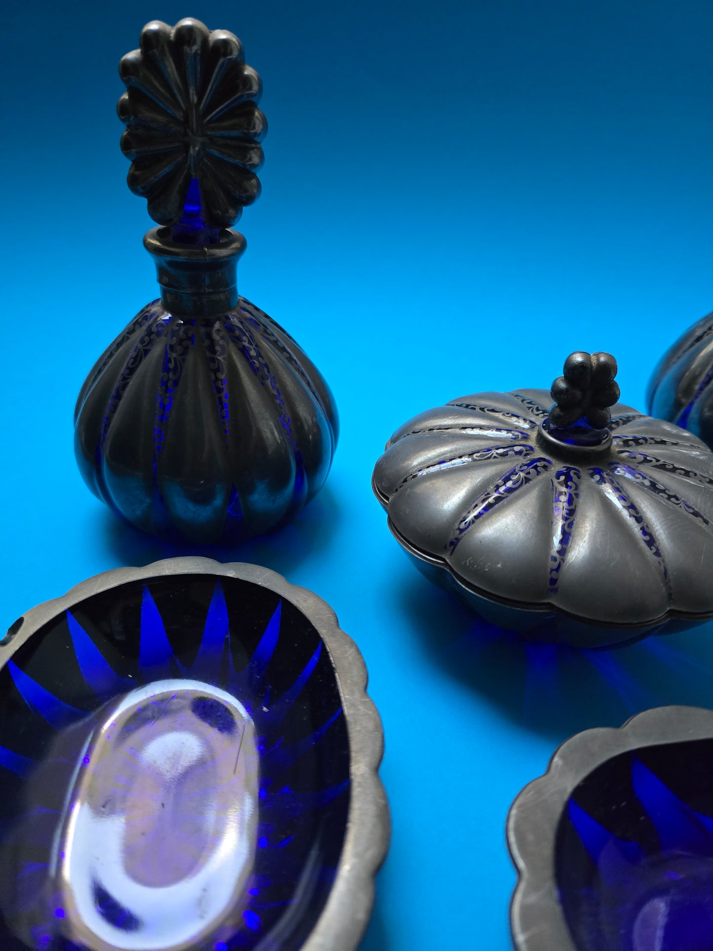 French Art Deco Cobalt Blue Glass & Silver Overlay Vanity Set