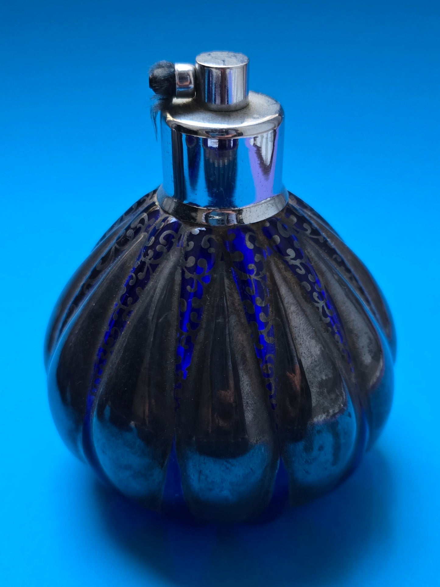 French Art Deco Cobalt Blue Glass & Silver Overlay Vanity Set
