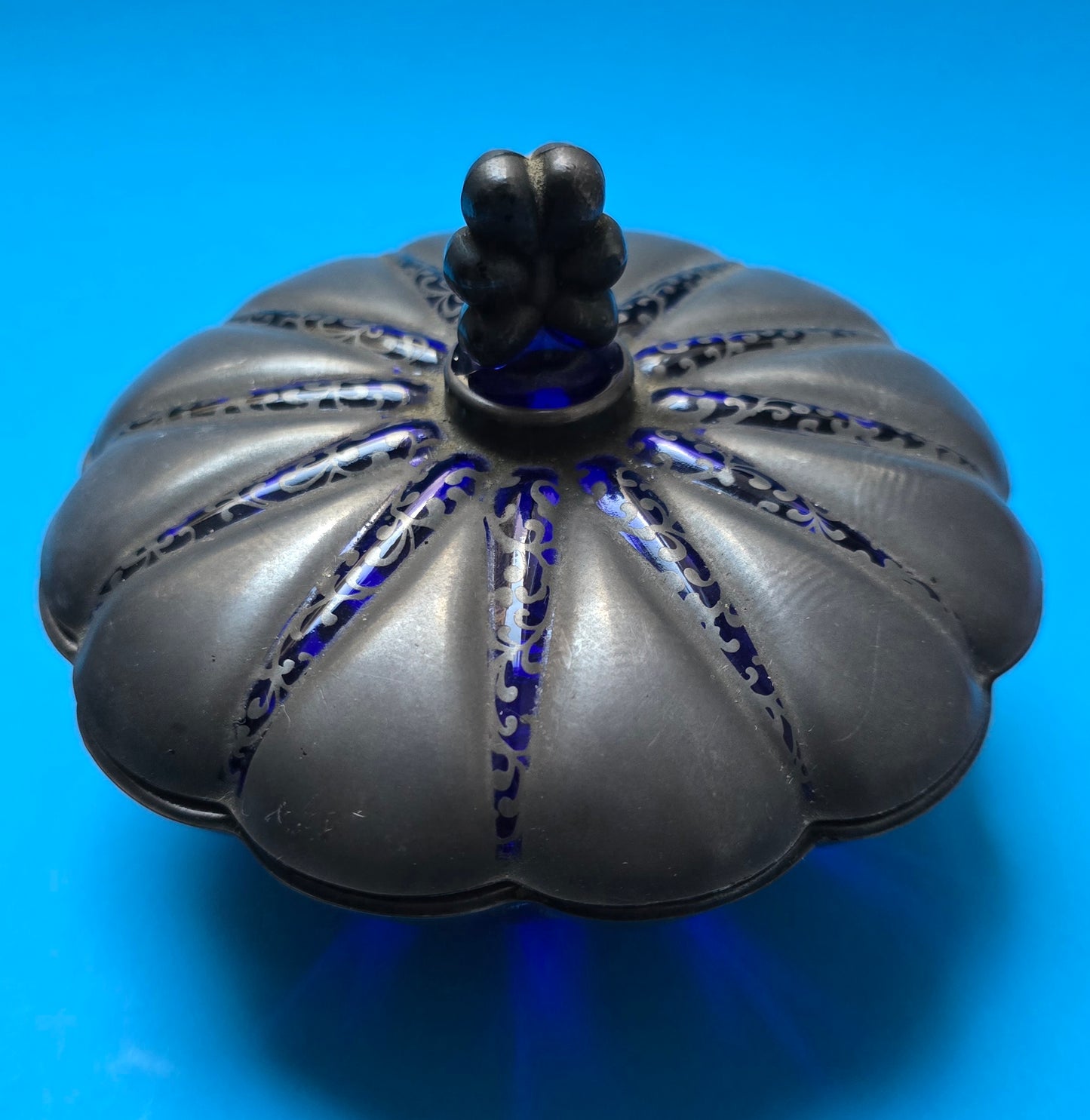French Art Deco Cobalt Blue Glass & Silver Overlay Vanity Set