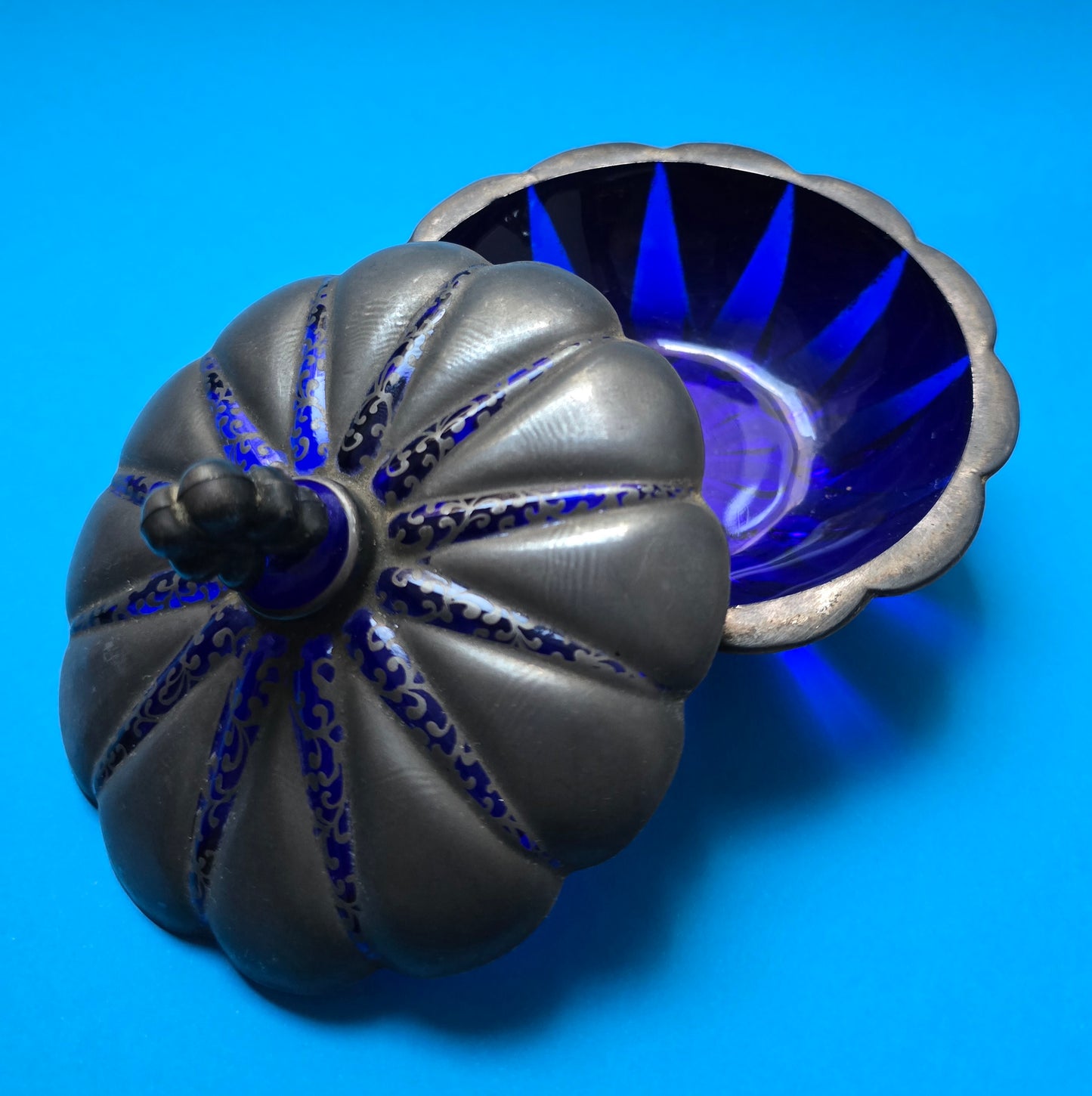 French Art Deco Cobalt Blue Glass & Silver Overlay Vanity Set