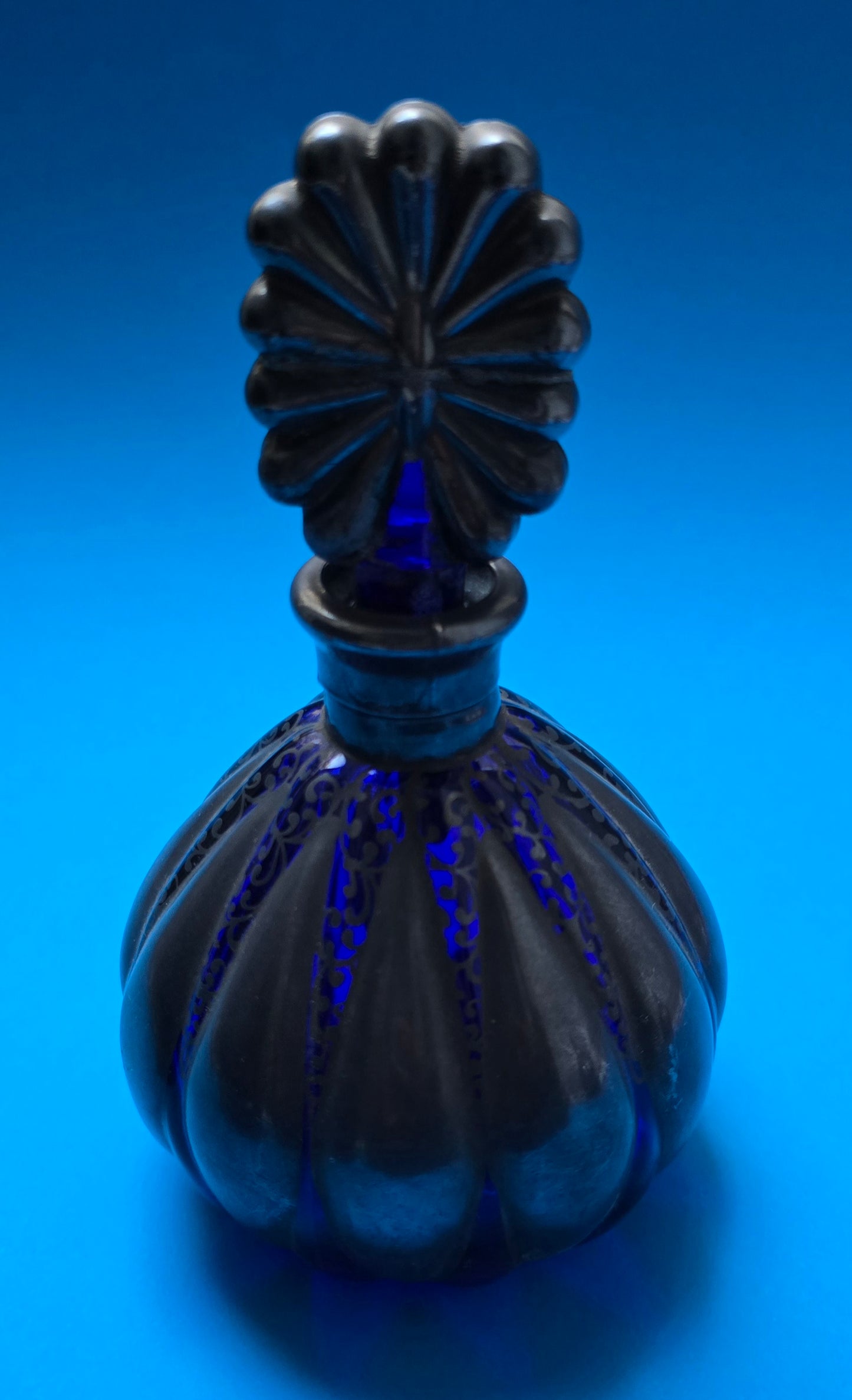 French Art Deco Cobalt Blue Glass & Silver Overlay Vanity Set