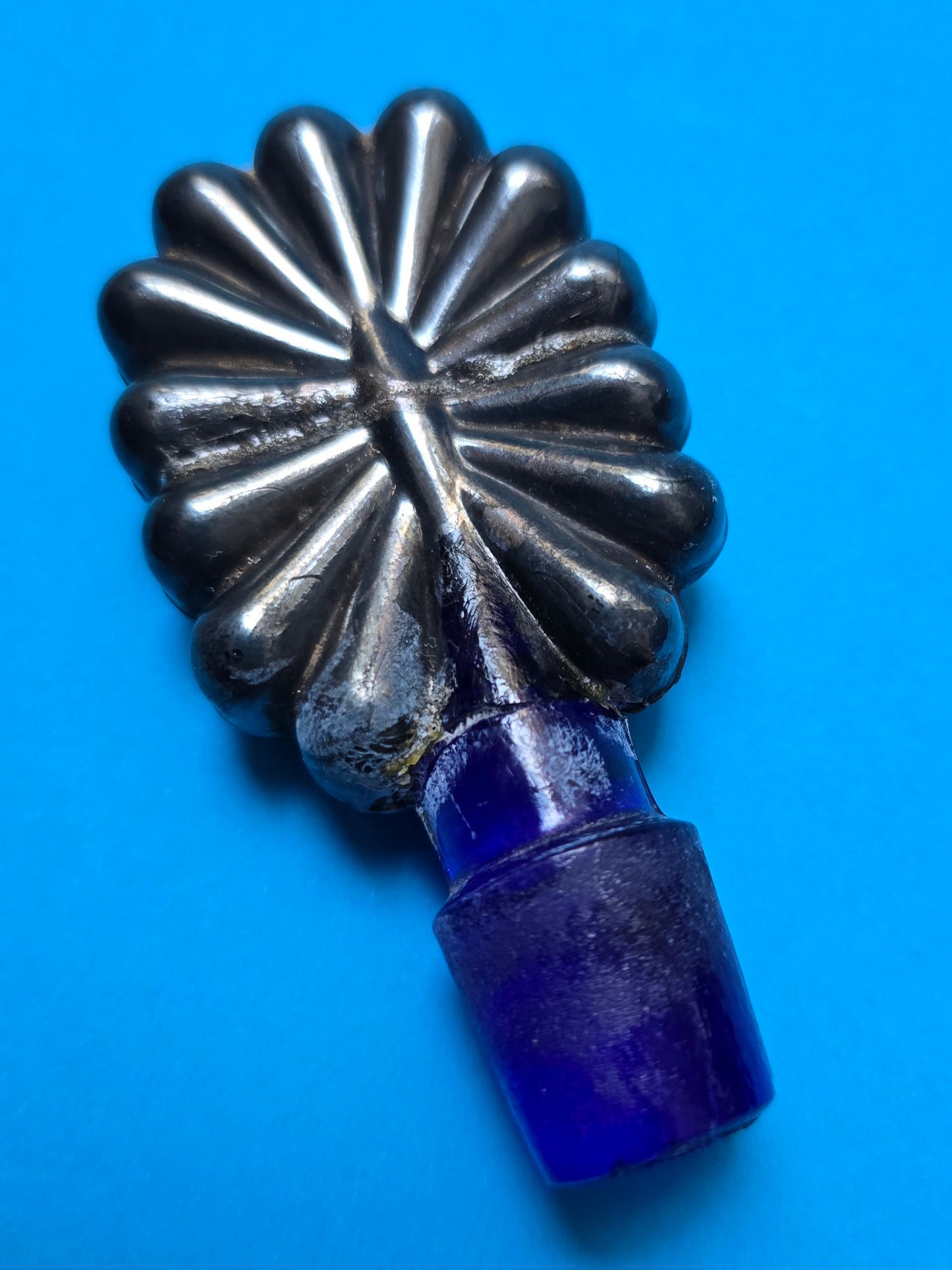 French Art Deco Cobalt Blue Glass & Silver Overlay Vanity Set