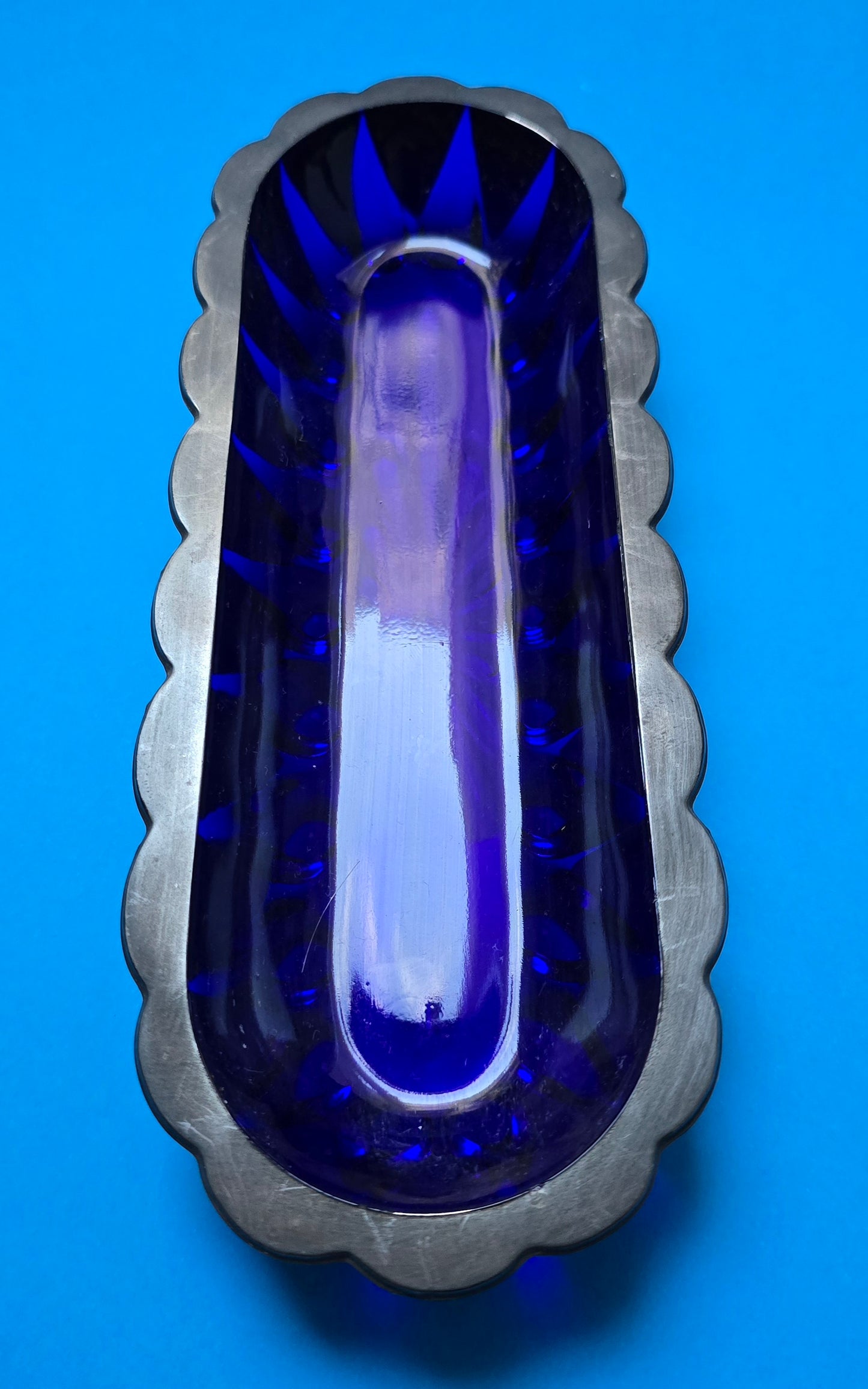 French Art Deco Cobalt Blue Glass & Silver Overlay Vanity Set