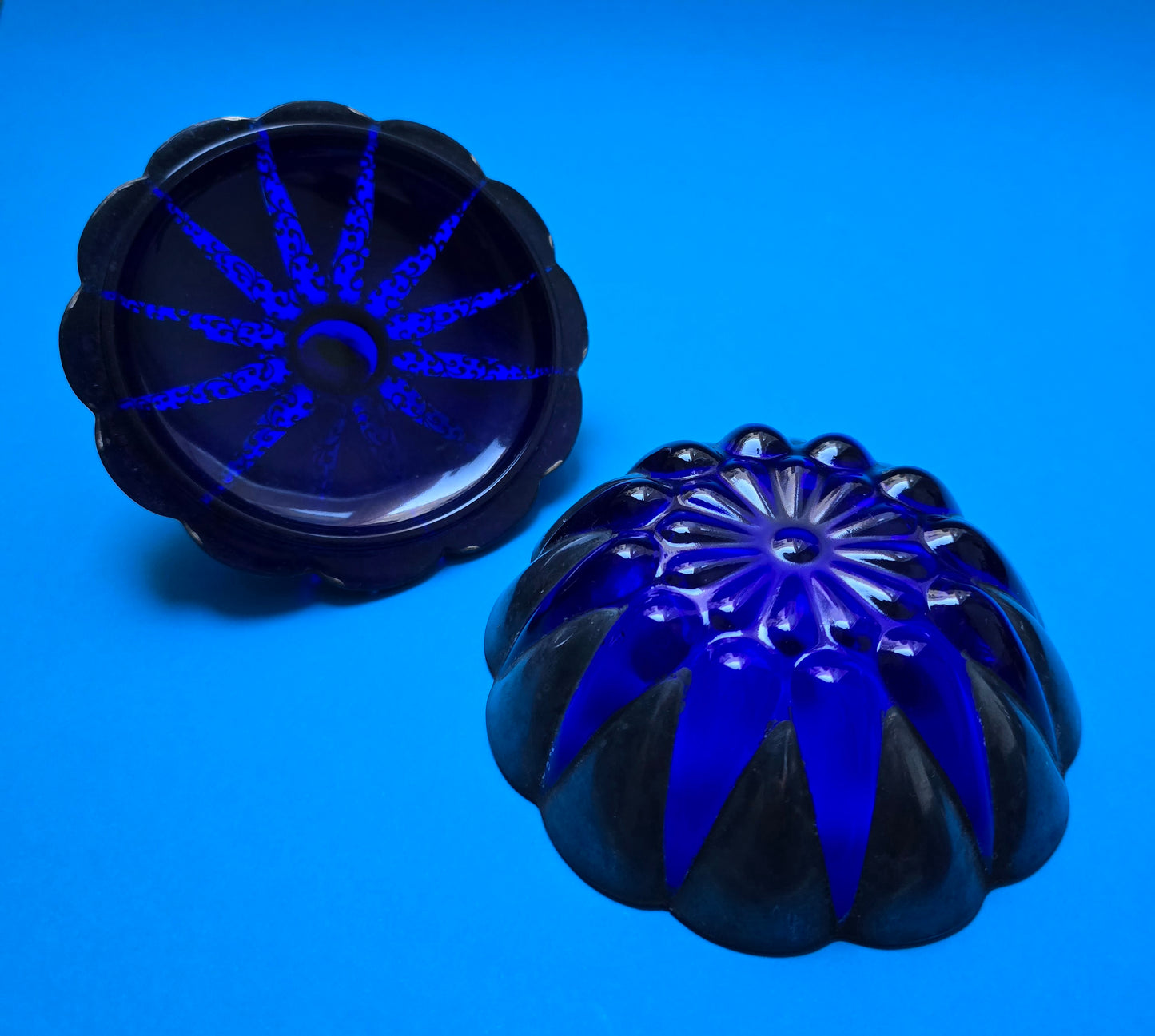 French Art Deco Cobalt Blue Glass & Silver Overlay Vanity Set