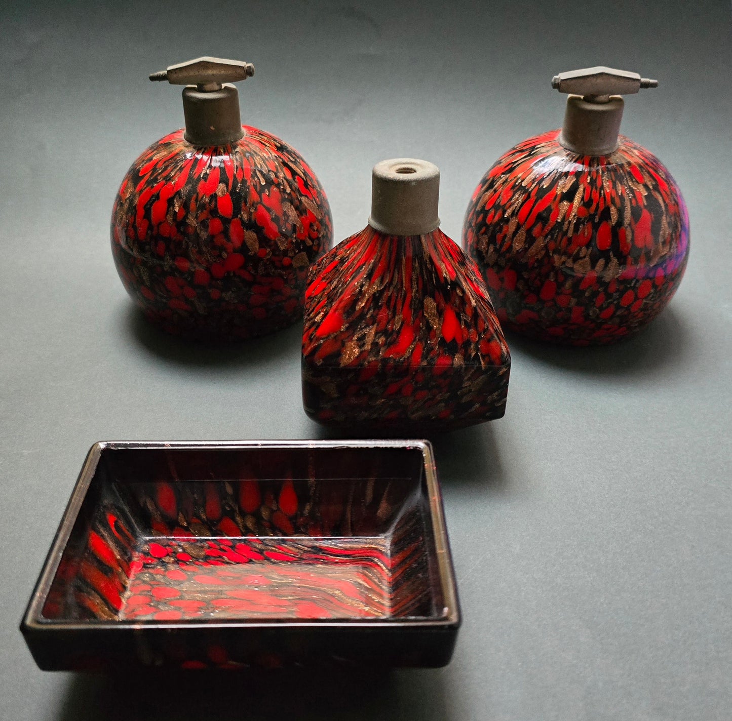 Vincenzo Nason & C. Murano Glass Toilet Set – Red, Black & Gold Aventurine, 1950s