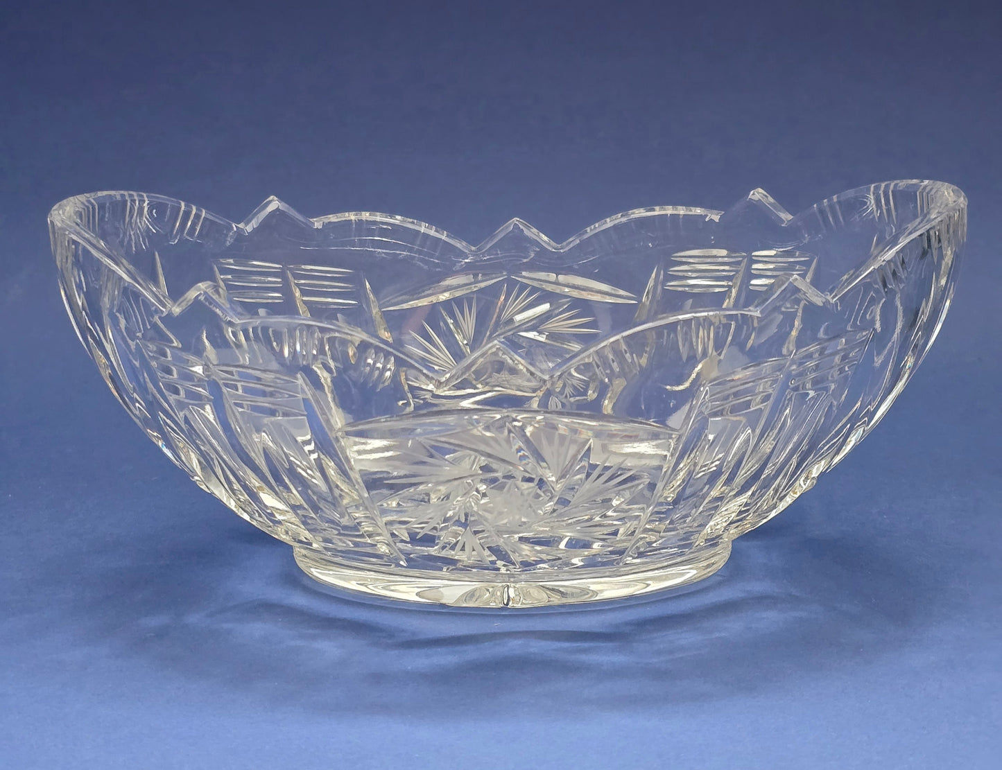 Vintage Bohemian Cut Crystal Boat Bowl with Fan & Needle Pattern, c.1960s