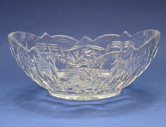 Vintage Bohemian Cut Crystal Boat Bowl with Fan & Needle Pattern, c.1960s