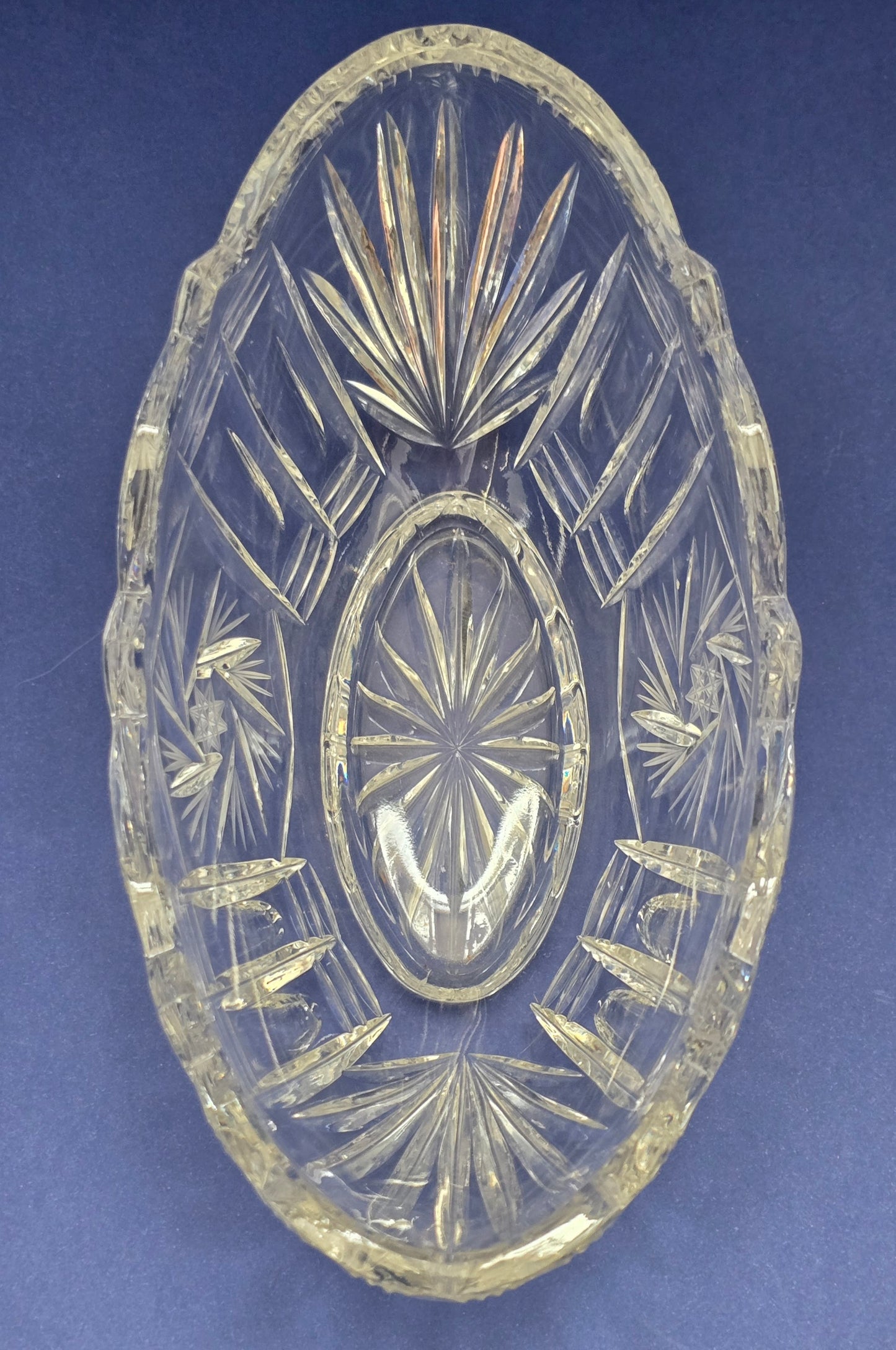 Vintage Bohemian Cut Crystal Boat Bowl with Fan & Needle Pattern, c.1960s