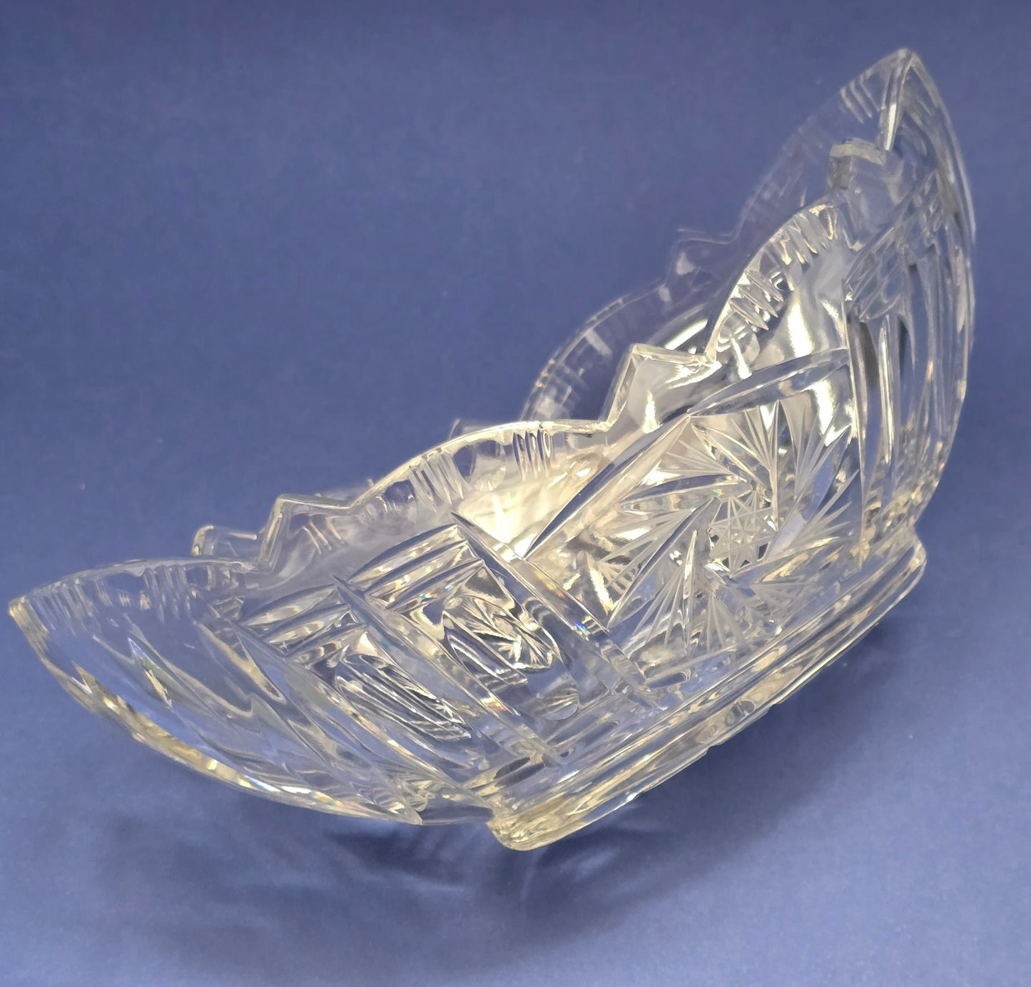 Vintage Bohemian Cut Crystal Boat Bowl with Fan & Needle Pattern, c.1960s