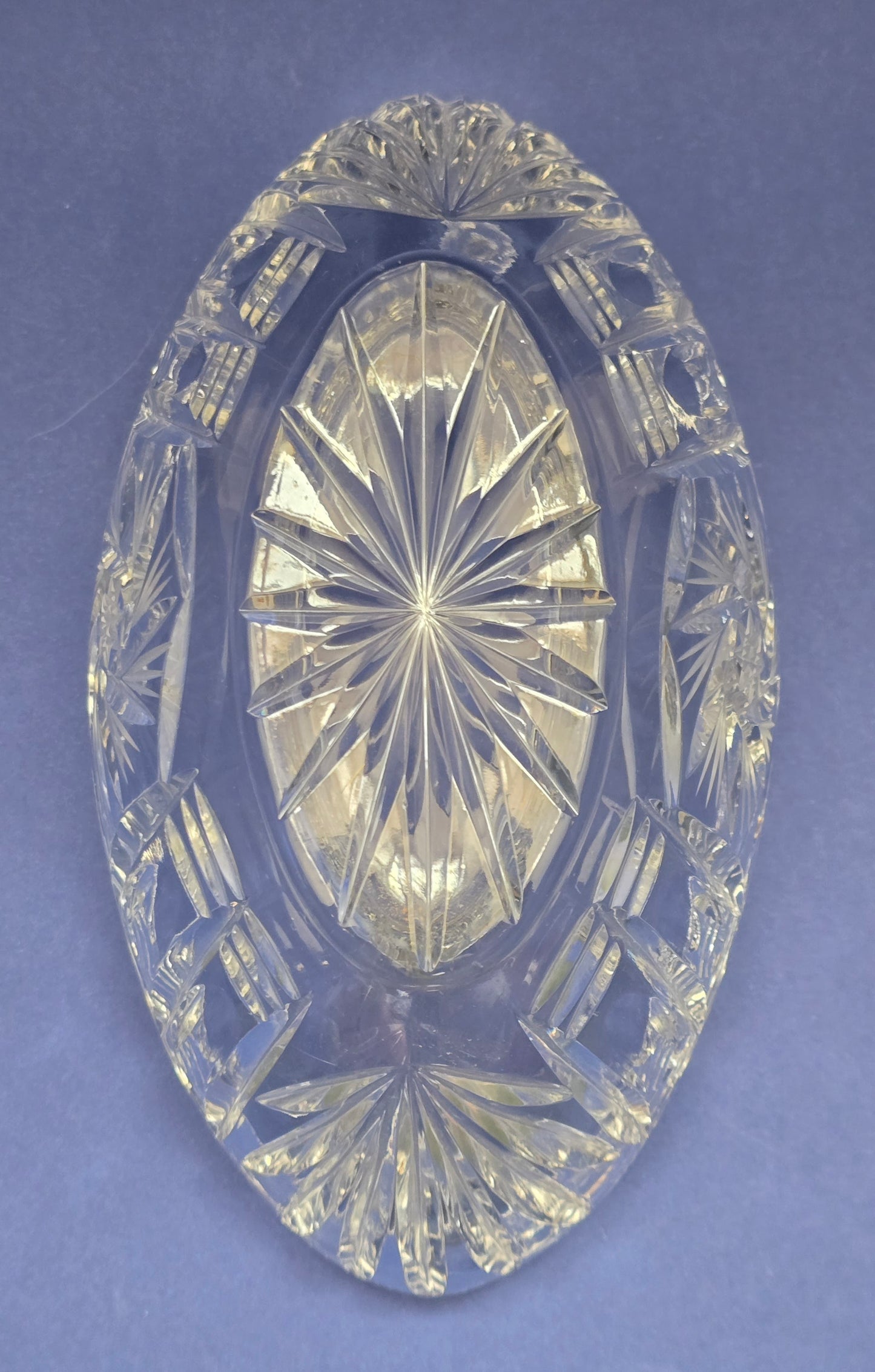 Vintage Bohemian Cut Crystal Boat Bowl with Fan & Needle Pattern, c.1960s