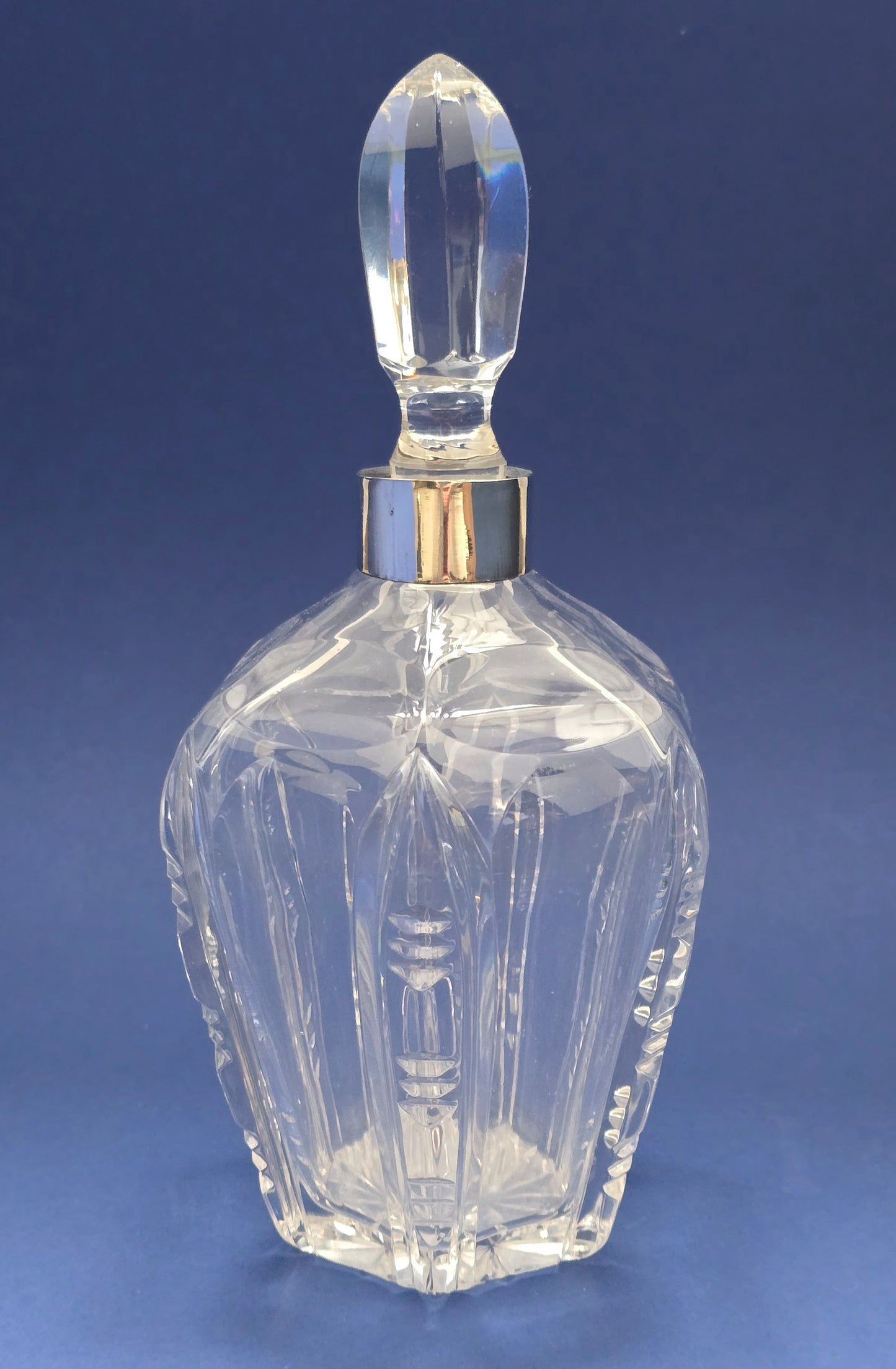 Antique Victorian Cut Crystal Decanter with Silver Collar & Faceted Stopper, c.1885