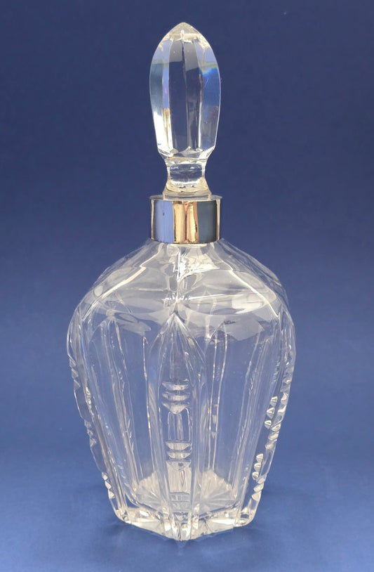 Antique Victorian Cut Crystal Decanter with Silver Collar & Faceted Stopper, c.1885