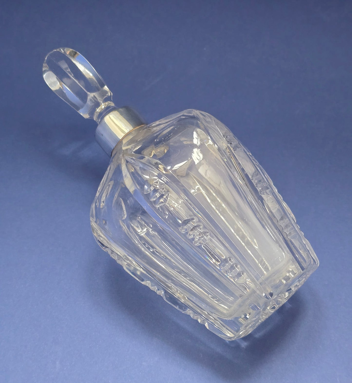 Antique Victorian Cut Crystal Decanter with Silver Collar & Faceted Stopper, c.1885