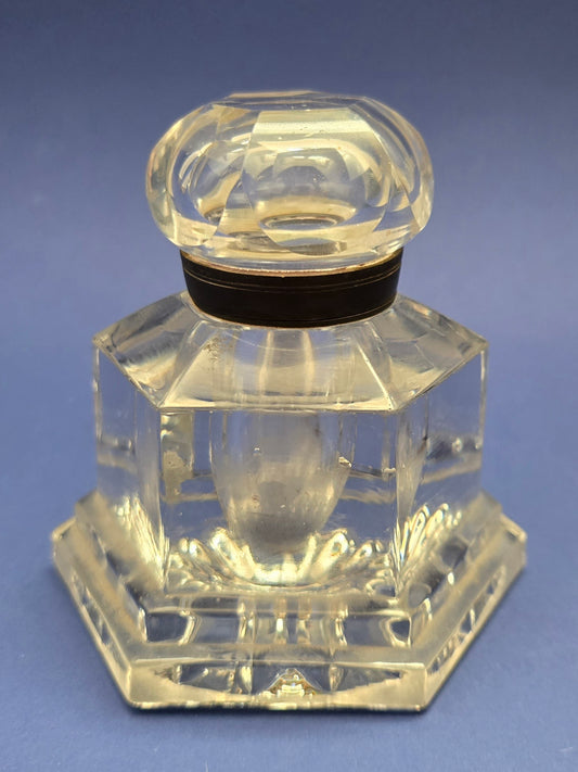 Antique Victorian Cut Crystal Inkwell with Brass Hinged Lid & Hexagonal Body, c.1890
