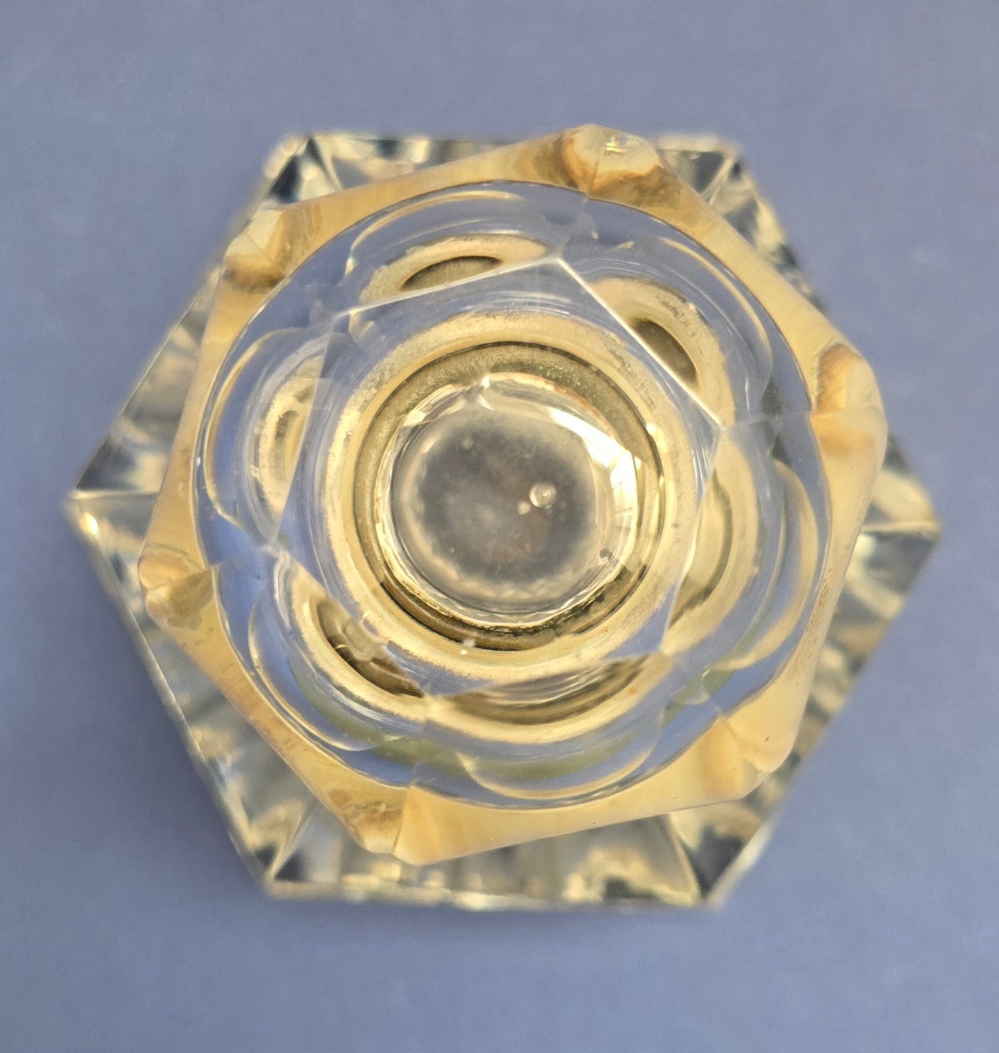 Antique Victorian Cut Crystal Inkwell with Brass Hinged Lid & Hexagonal Body, c.1890