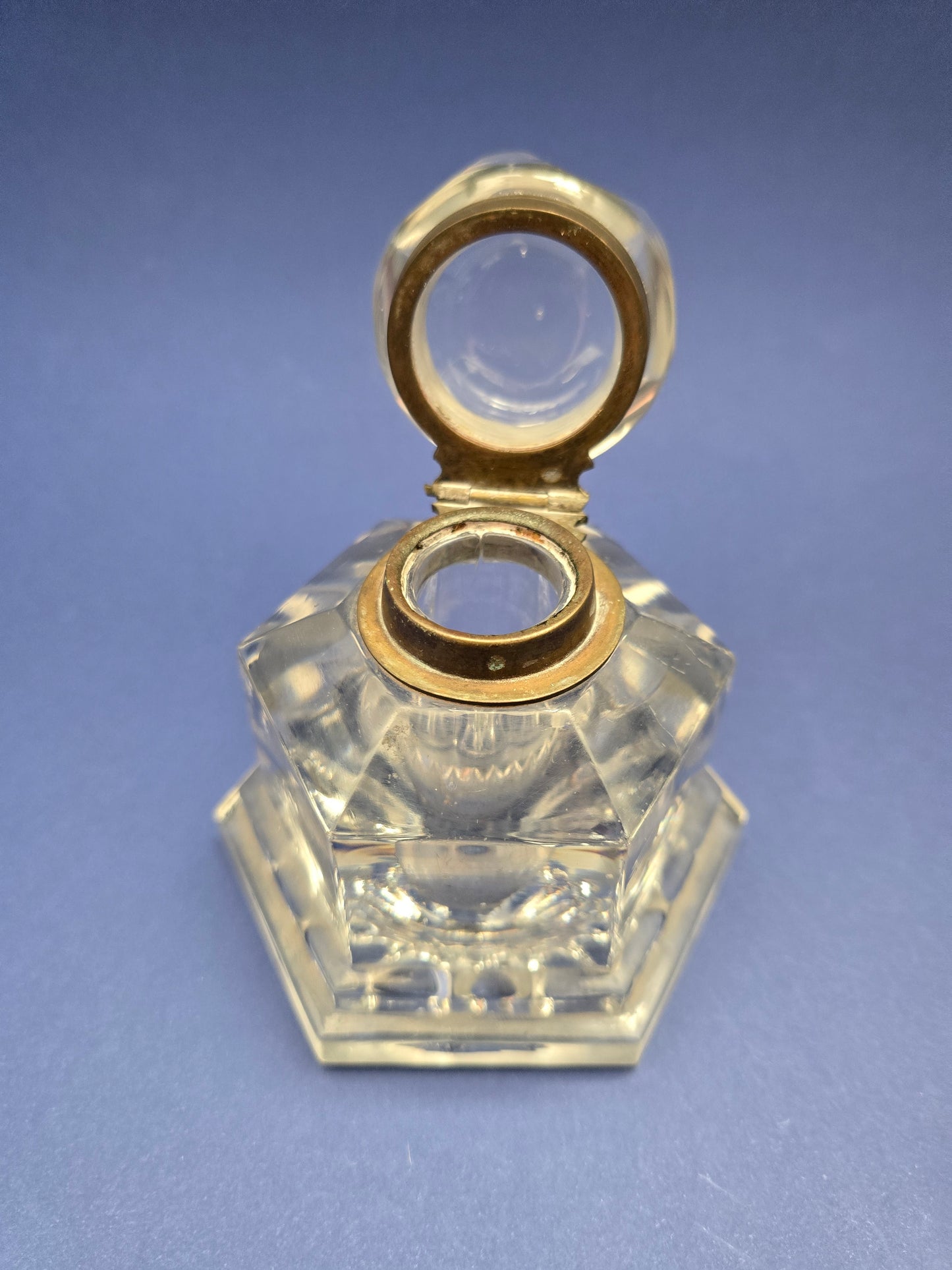 Antique Victorian Cut Crystal Inkwell with Brass Hinged Lid & Hexagonal Body, c.1890