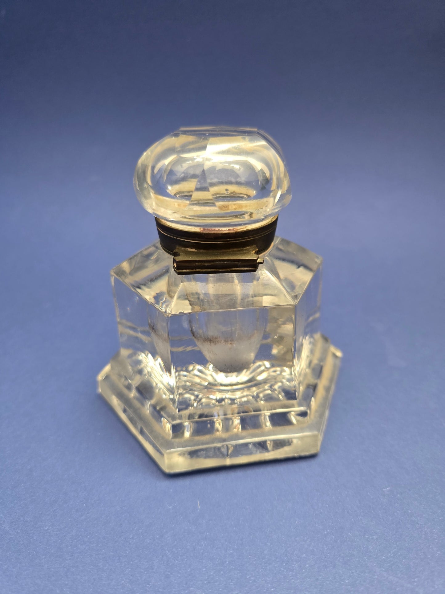 Antique Victorian Cut Crystal Inkwell with Brass Hinged Lid & Hexagonal Body, c.1890
