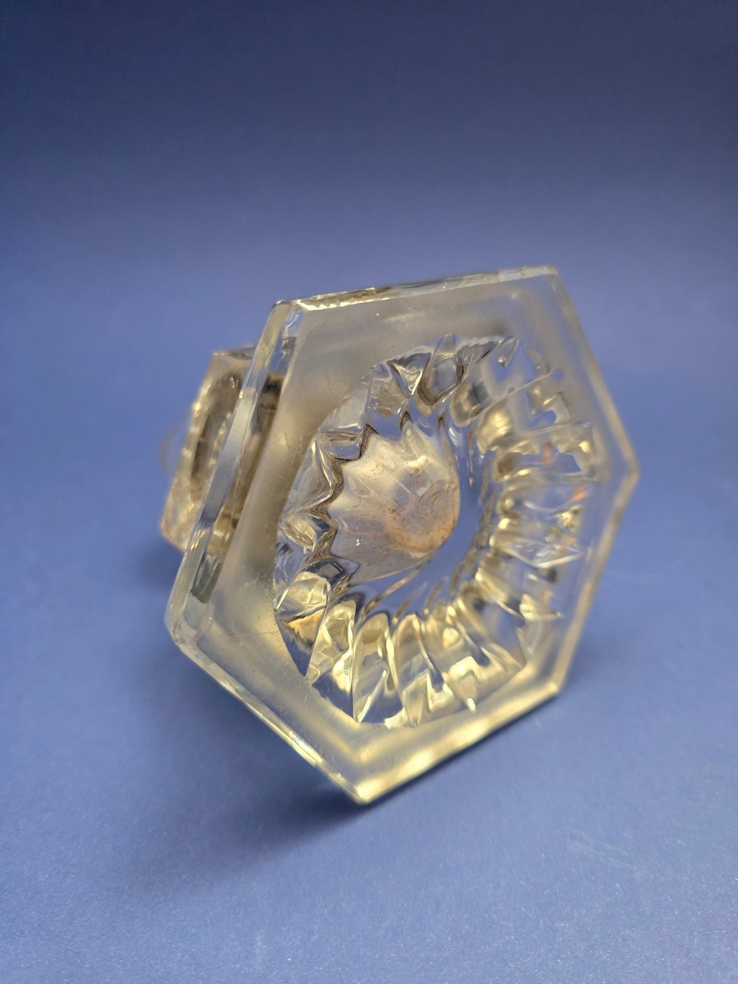 Antique Victorian Cut Crystal Inkwell with Brass Hinged Lid & Hexagonal Body, c.1890