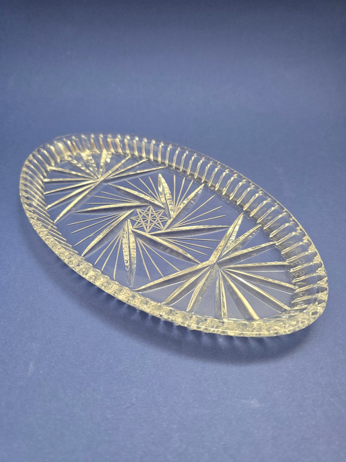 Antique Crystal Oval Dish – Hand-Cut Glass Serving Plate, c. 1940