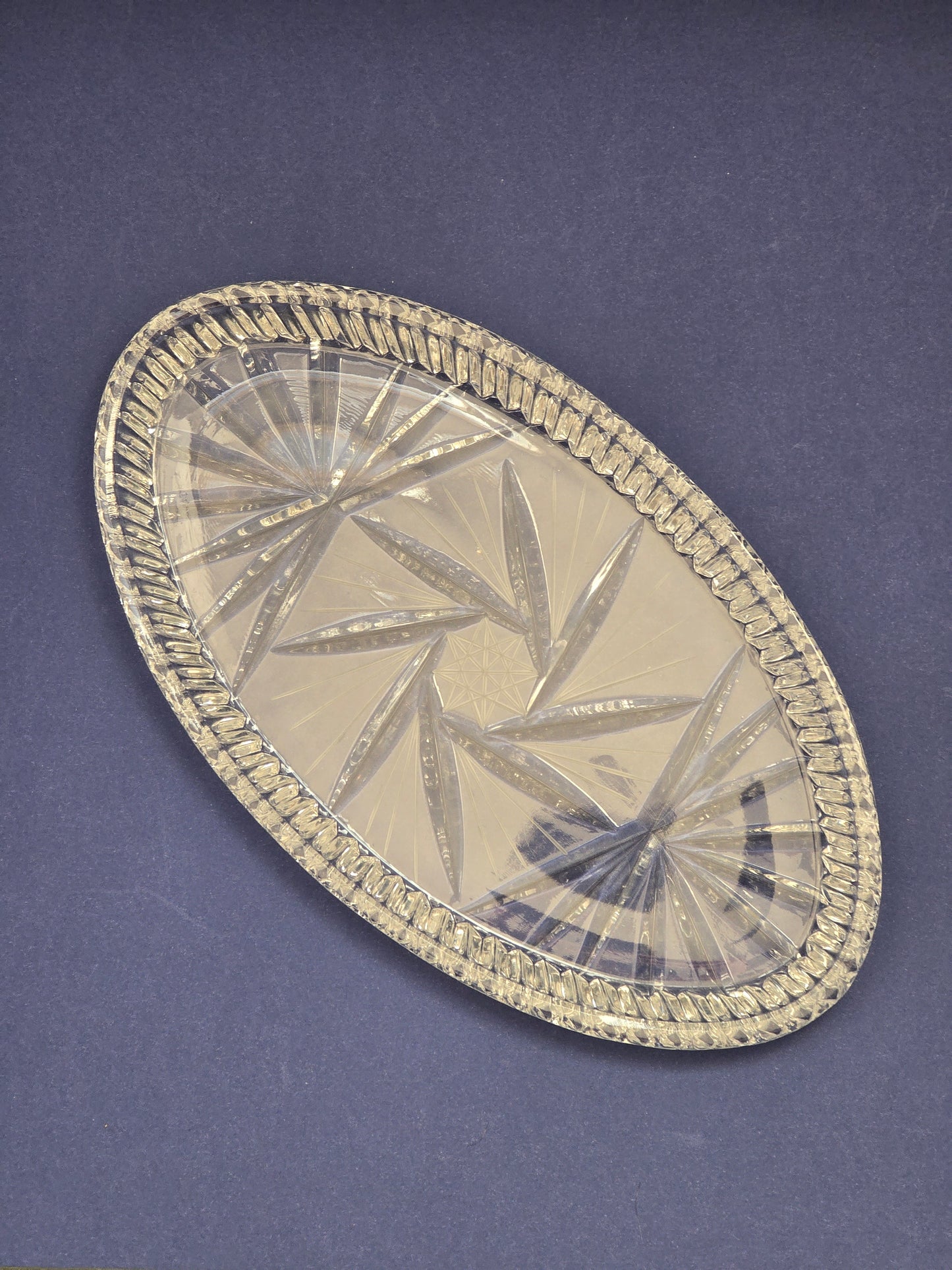 Antique Crystal Oval Dish – Hand-Cut Glass Serving Plate, c. 1940