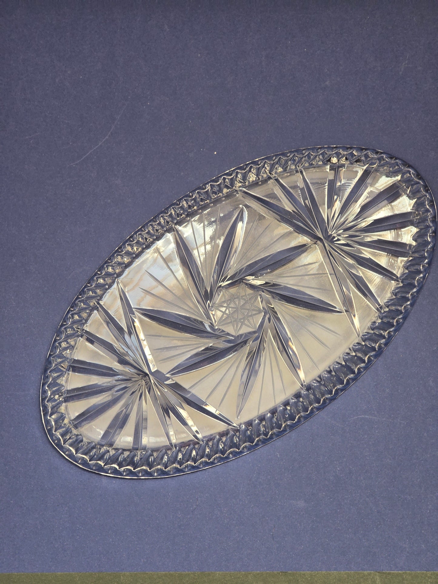 Antique Crystal Oval Dish – Hand-Cut Glass Serving Plate, c. 1940