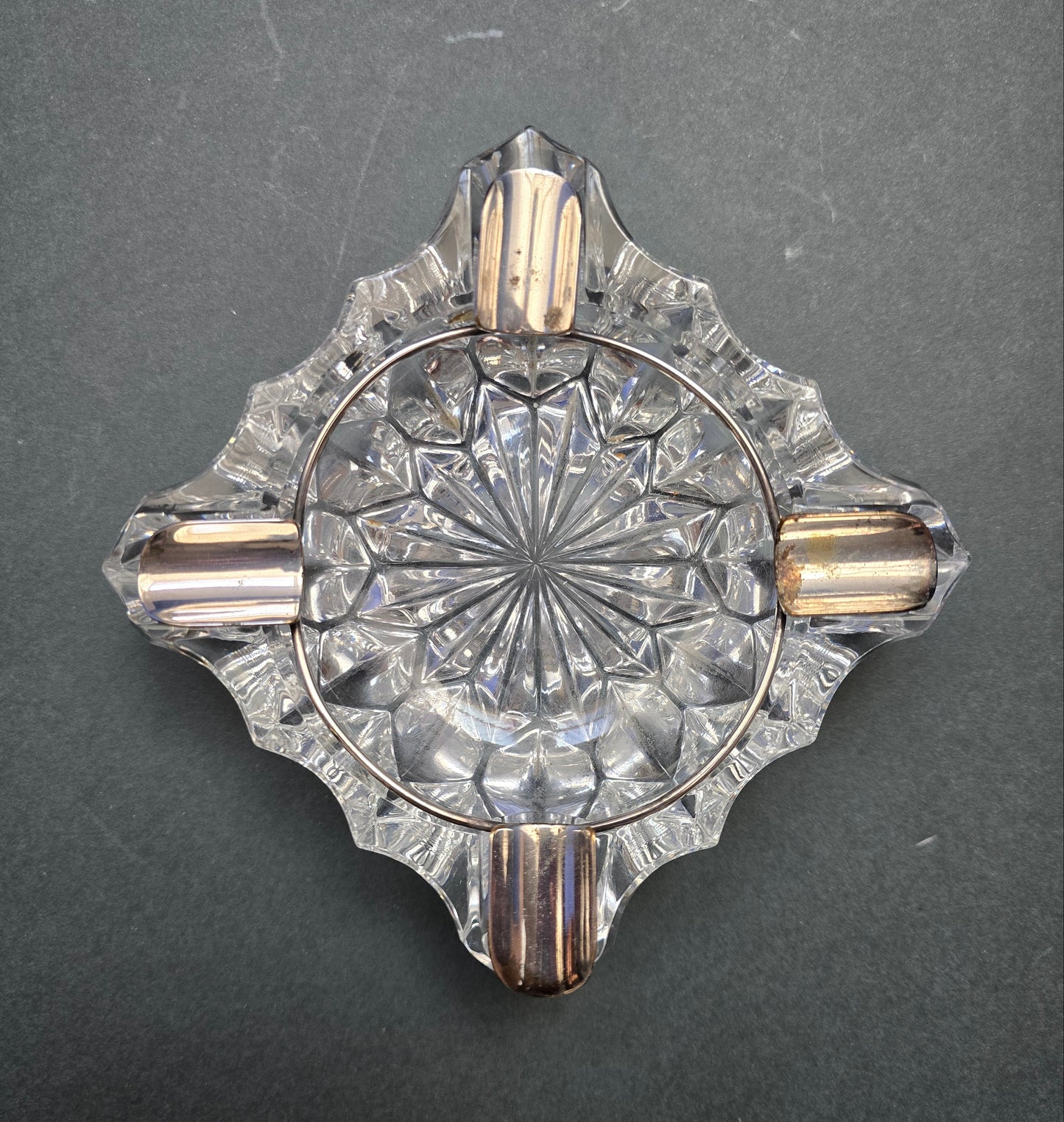 Art Deco Crystal Ashtray with Sterling Silver Holder, c. 1930