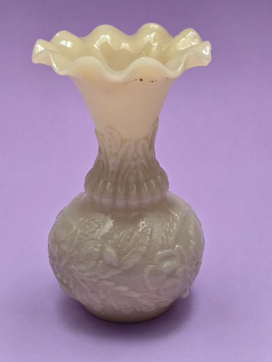 Fenton Opaline Glass Vase – Ruffled Rim & Embossed Floral Relief, c. 1940