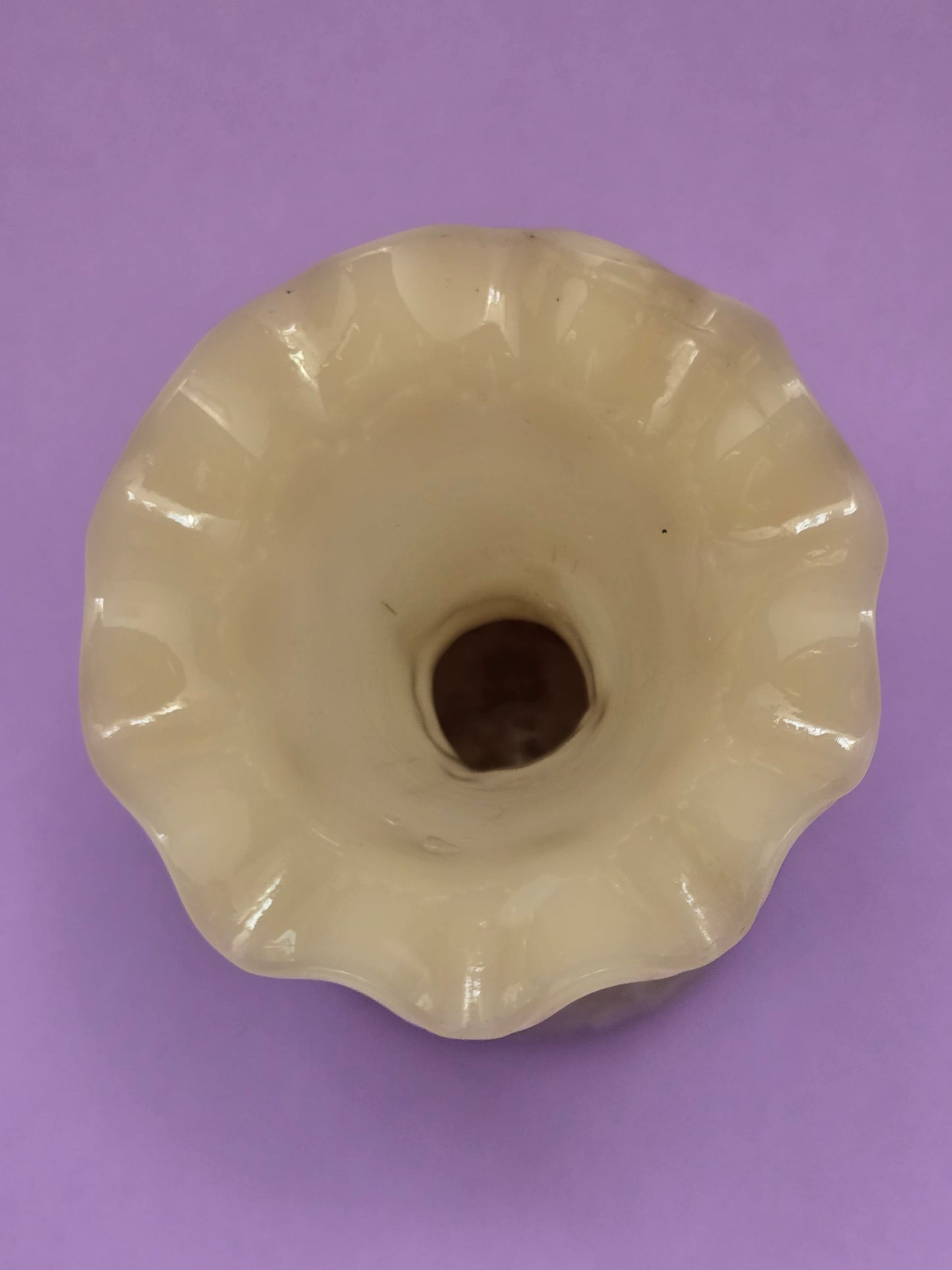 Fenton Opaline Glass Vase – Ruffled Rim & Embossed Floral Relief, c. 1940