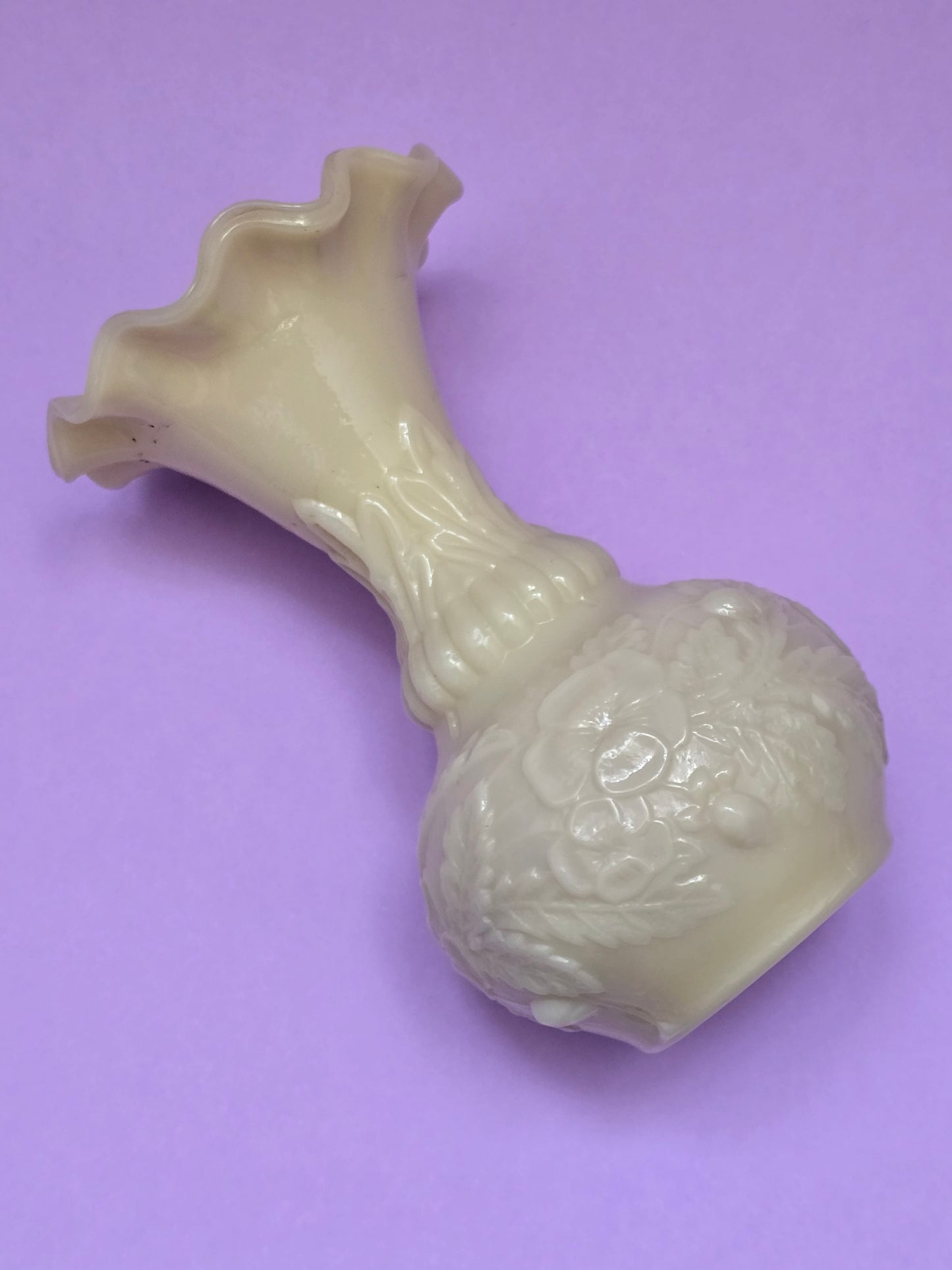 Fenton Opaline Glass Vase – Ruffled Rim & Embossed Floral Relief, c. 1940