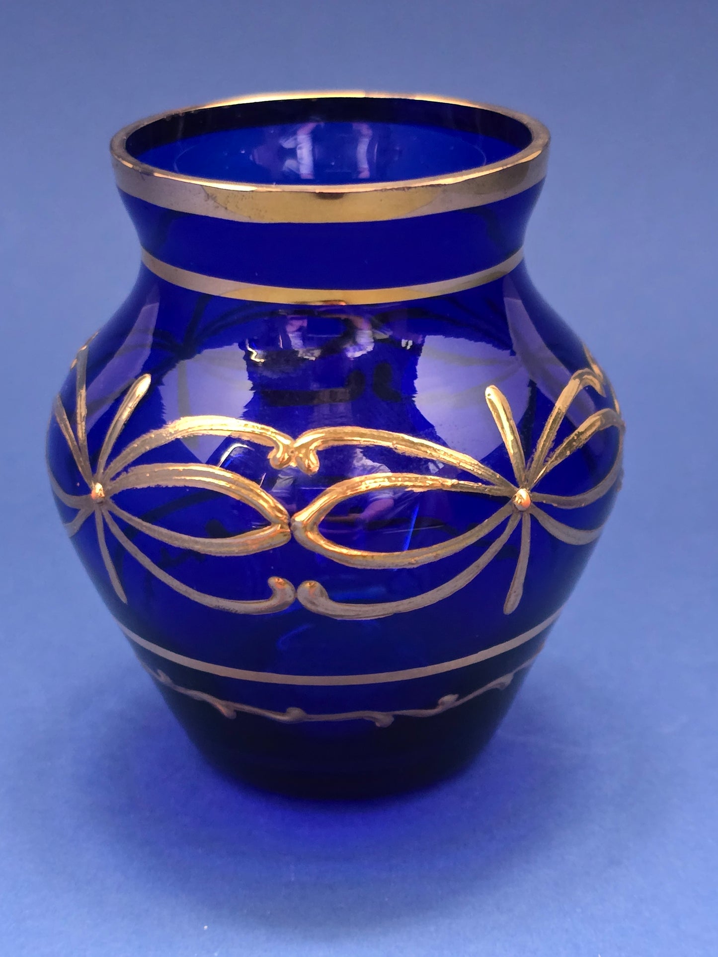 Bohemian Cobalt Blue Glass Vase with Gold Decoration, c. 1930