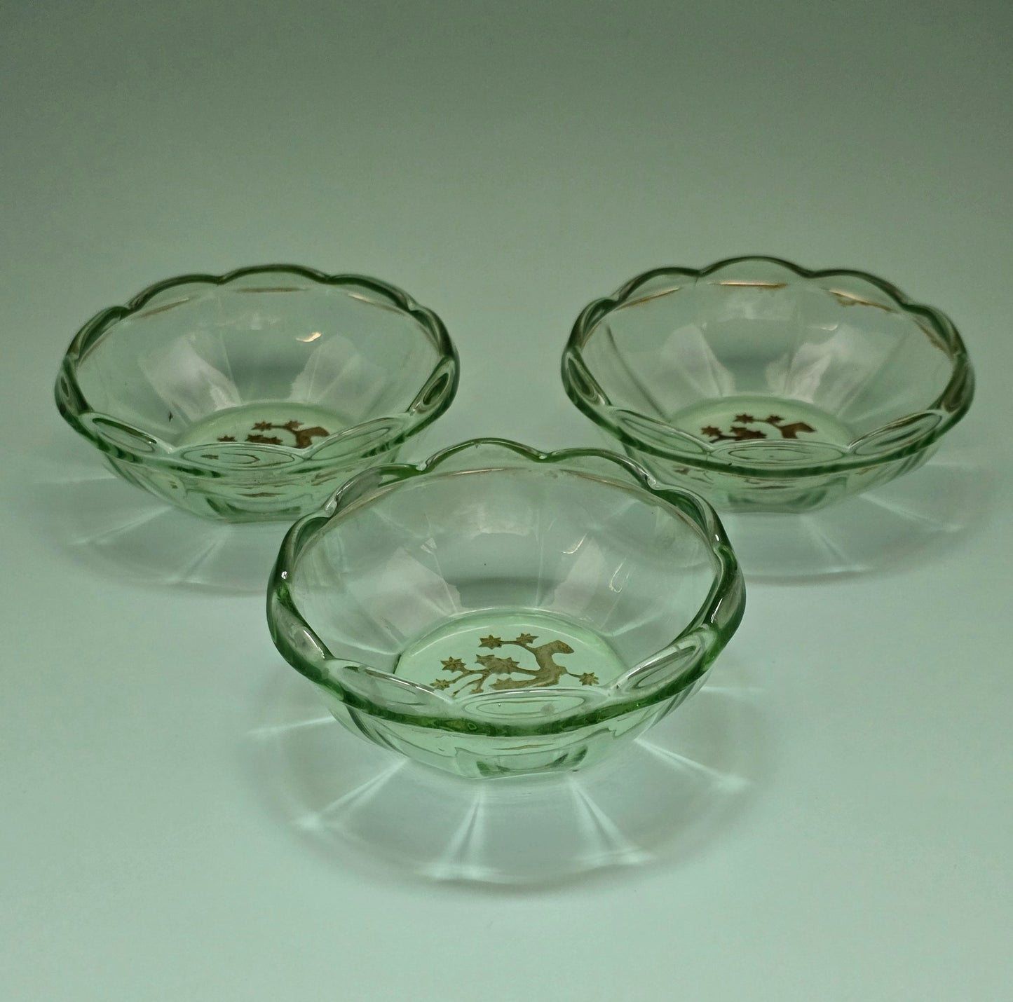 Bohemian Uranium Glass Dish with Gold Deer Motif, c. 1920 – Sold Individually