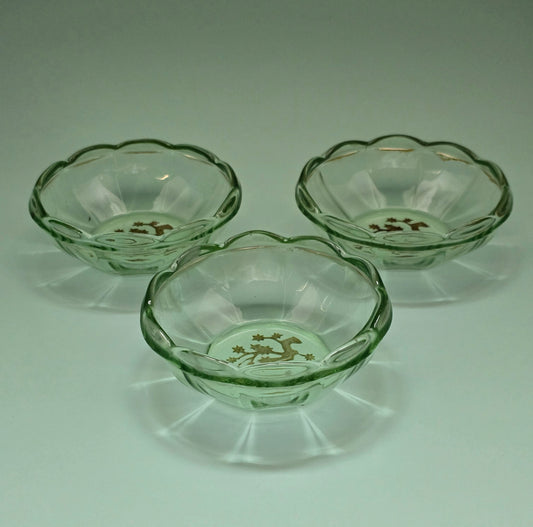 Bohemian Uranium Glass Dish with Gold Deer Motif, c. 1920 – Sold Individually