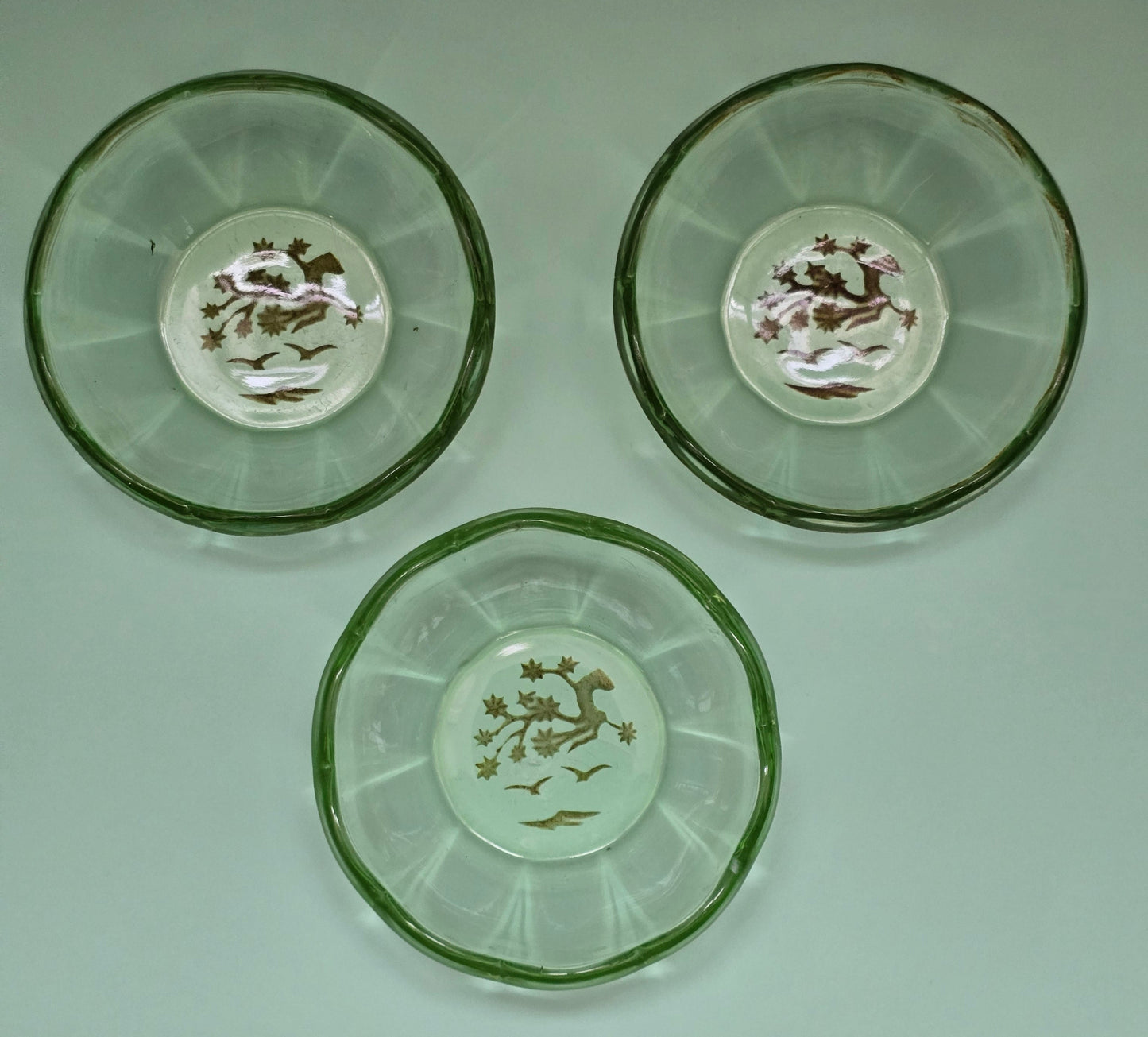 Bohemian Uranium Glass Dish with Gold Deer Motif, c. 1920 – Sold Individually