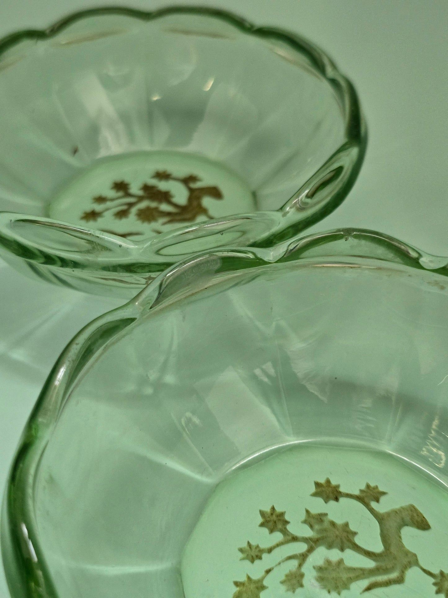 Bohemian Uranium Glass Dish with Gold Deer Motif, c. 1920 – Sold Individually