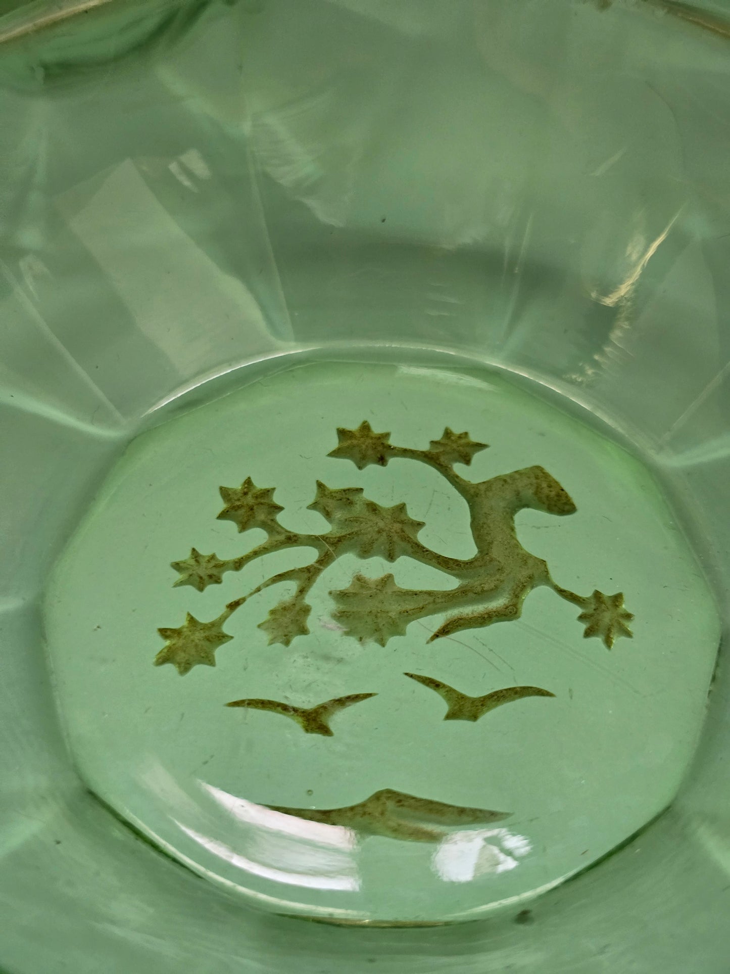 Bohemian Uranium Glass Dish with Gold Deer Motif, c. 1920 – Sold Individually