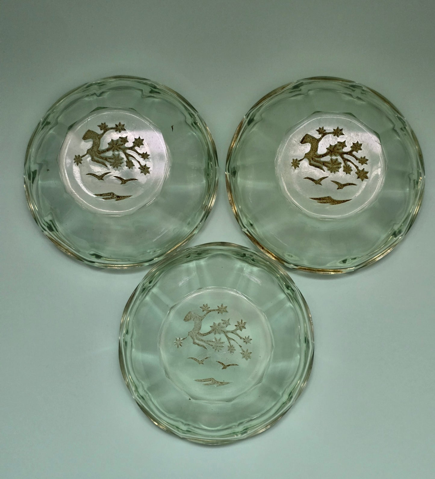 Bohemian Uranium Glass Dish with Gold Deer Motif, c. 1920 – Sold Individually