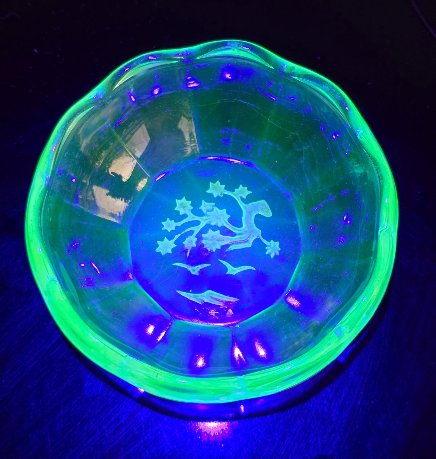 Bohemian Uranium Glass Dish with Gold Deer Motif, c. 1920 – Sold Individually