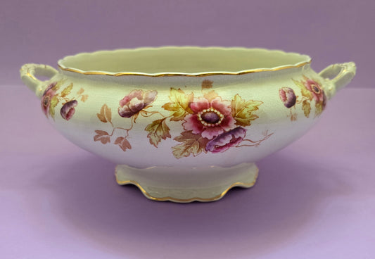 Antique English Open Serving Bowl with Handles, Anemone Floral, attr. Devon, c.1900