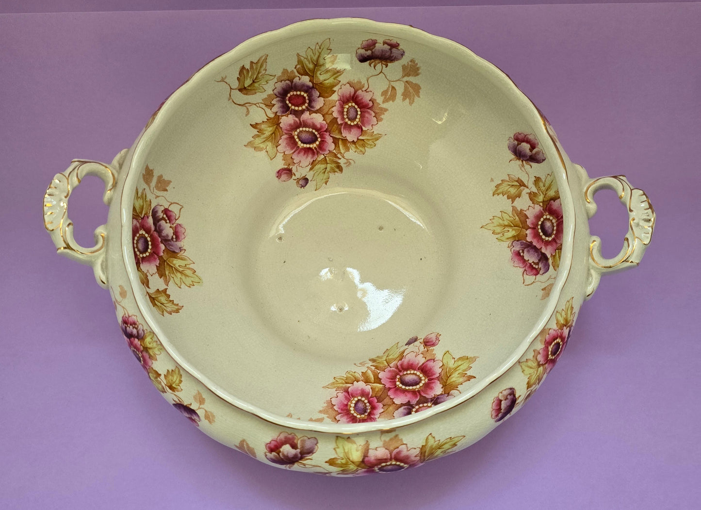 Antique English Open Serving Bowl with Handles, Anemone Floral, attr. Devon, c.1900