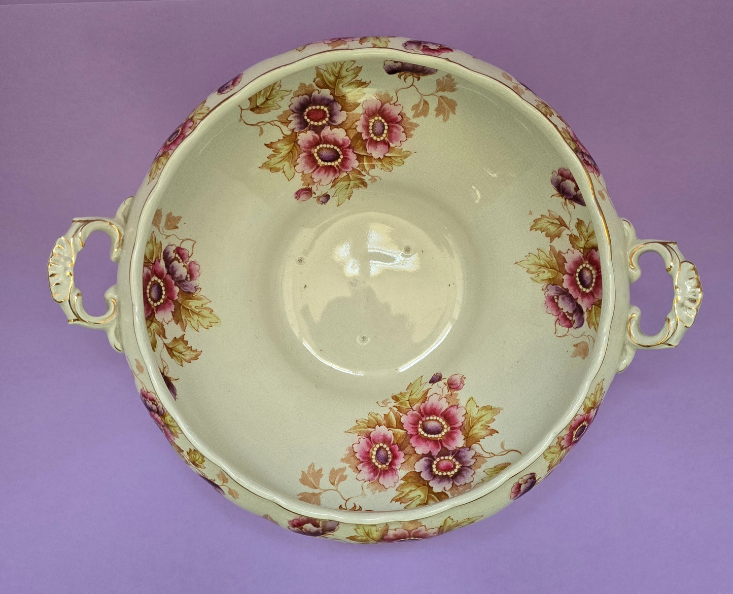 Antique English Open Serving Bowl with Handles, Anemone Floral, attr. Devon, c.1900
