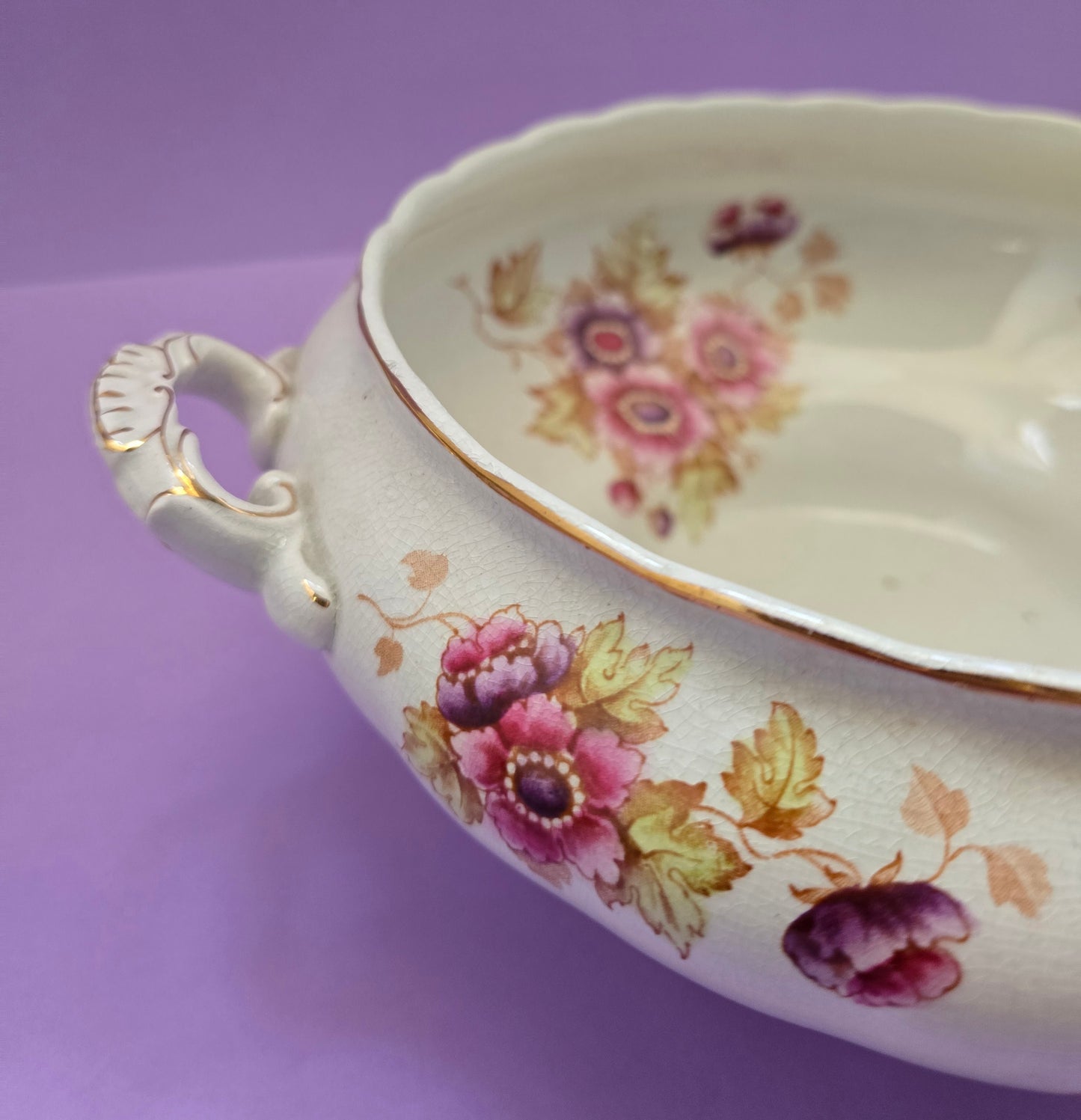 Antique English Open Serving Bowl with Handles, Anemone Floral, attr. Devon, c.1900
