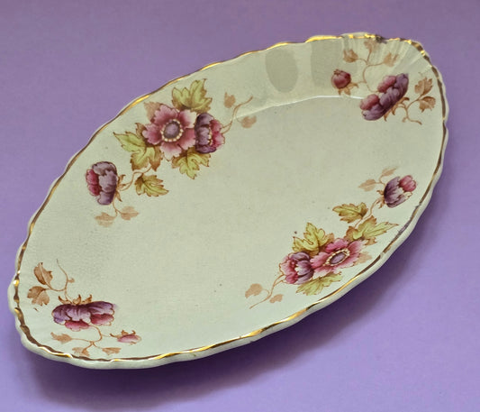 Antique English Oval Relish Dish, Anemone Floral, attr. Devon, c.1900